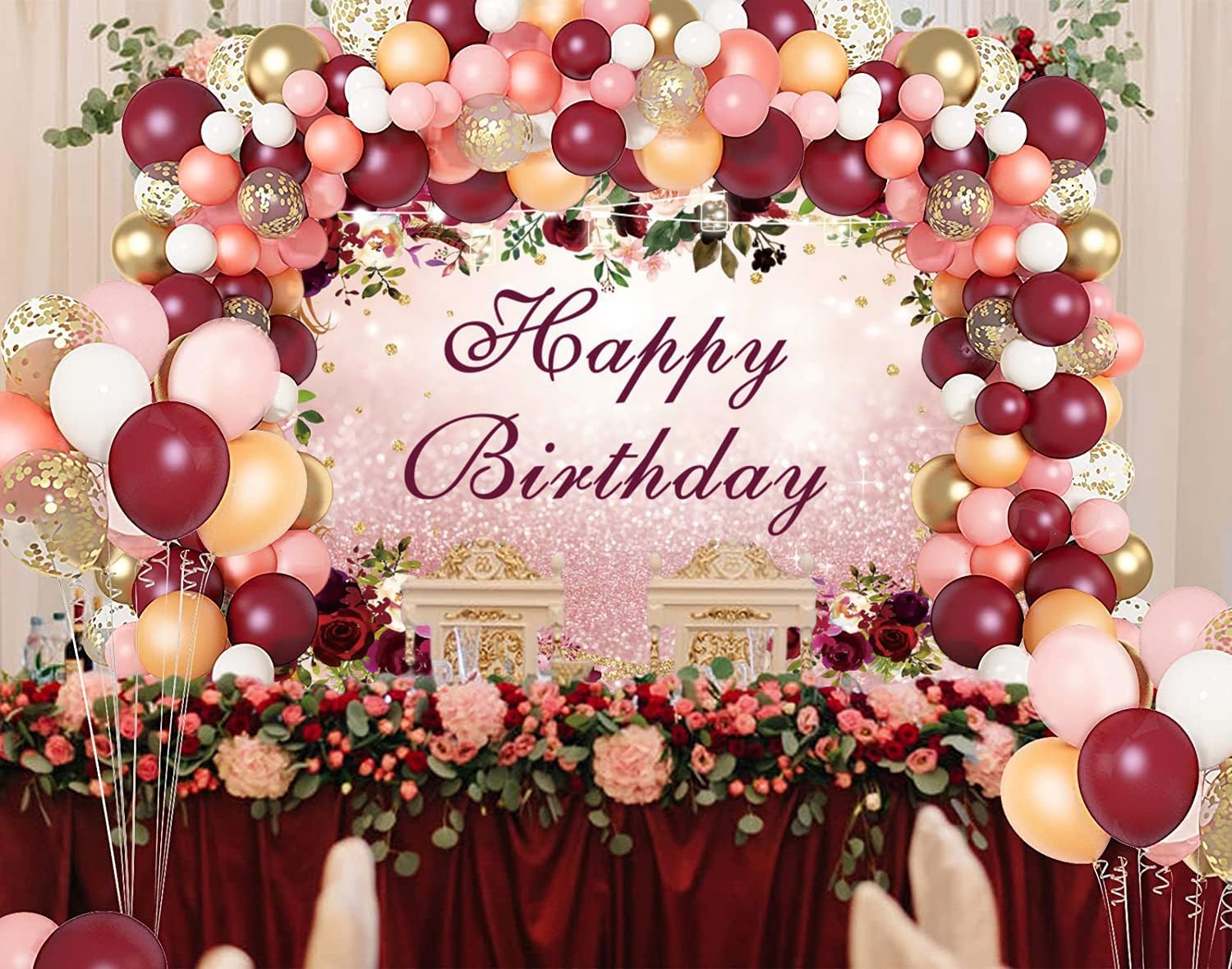 10x8ft Birthday Backdrop for Women Burgundy Rose Gold Floral Happy Birthday Photography Background Girls Women Birthday Party Decorations Photo Props Cake Table Banner