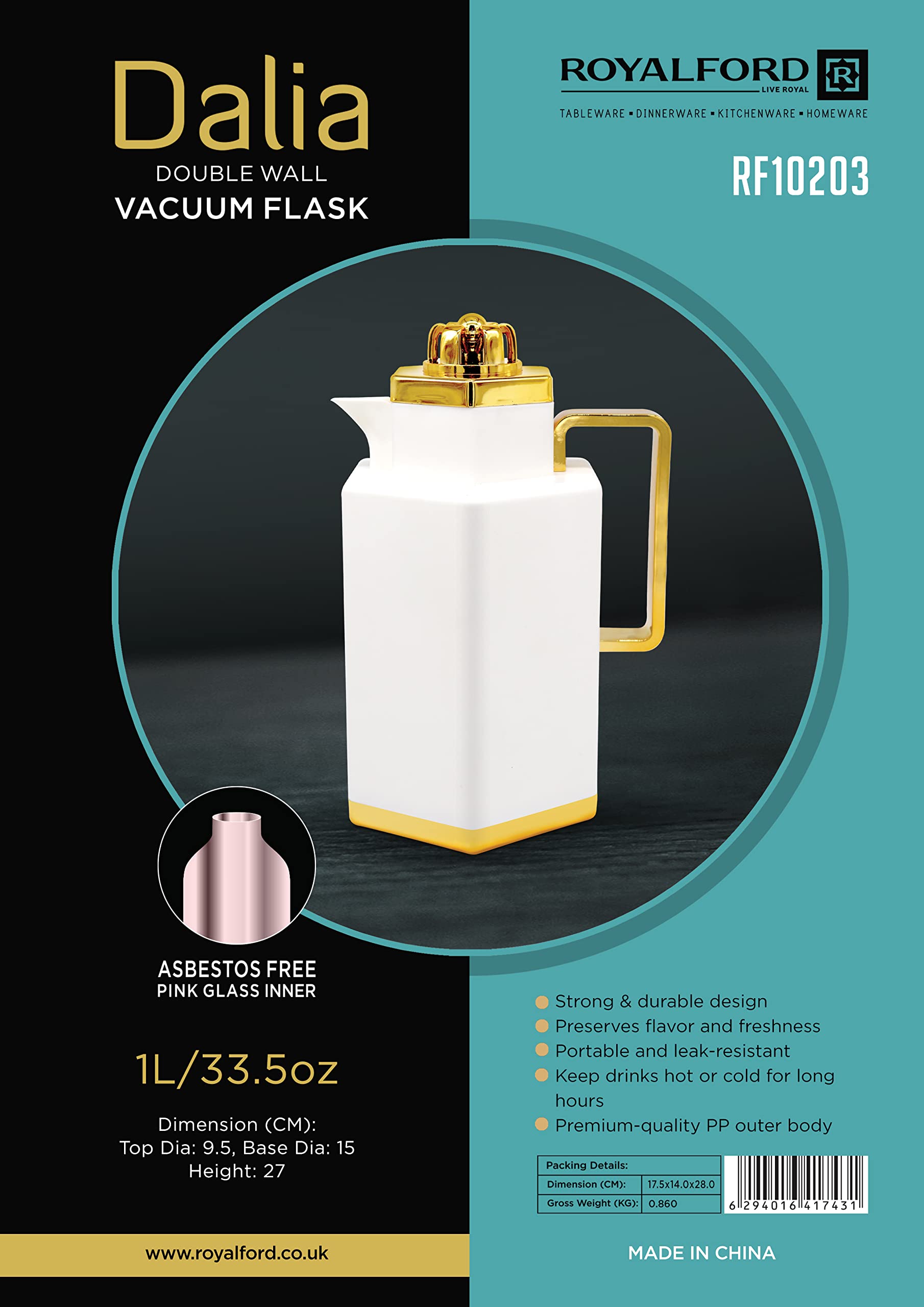 Royalford Dalia double wall vacuum flask, rf10203 | pp outer body, asbestos free pink glass inner | portable & leak-resistant | keeps drink hot or cold for hours