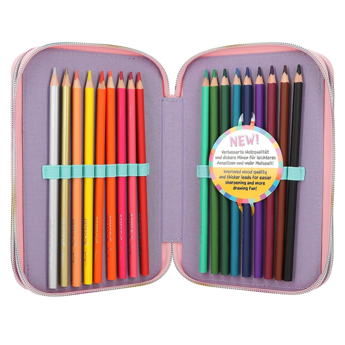 Depesche 12616 Ylvi Rainbow - Gefüllte 3-Fach Federtasche mit Einhorn Motiv und glitzerndem Kugelanhänger, Federmäppchen mit Buntstiften, Lineal, Schere uvm.