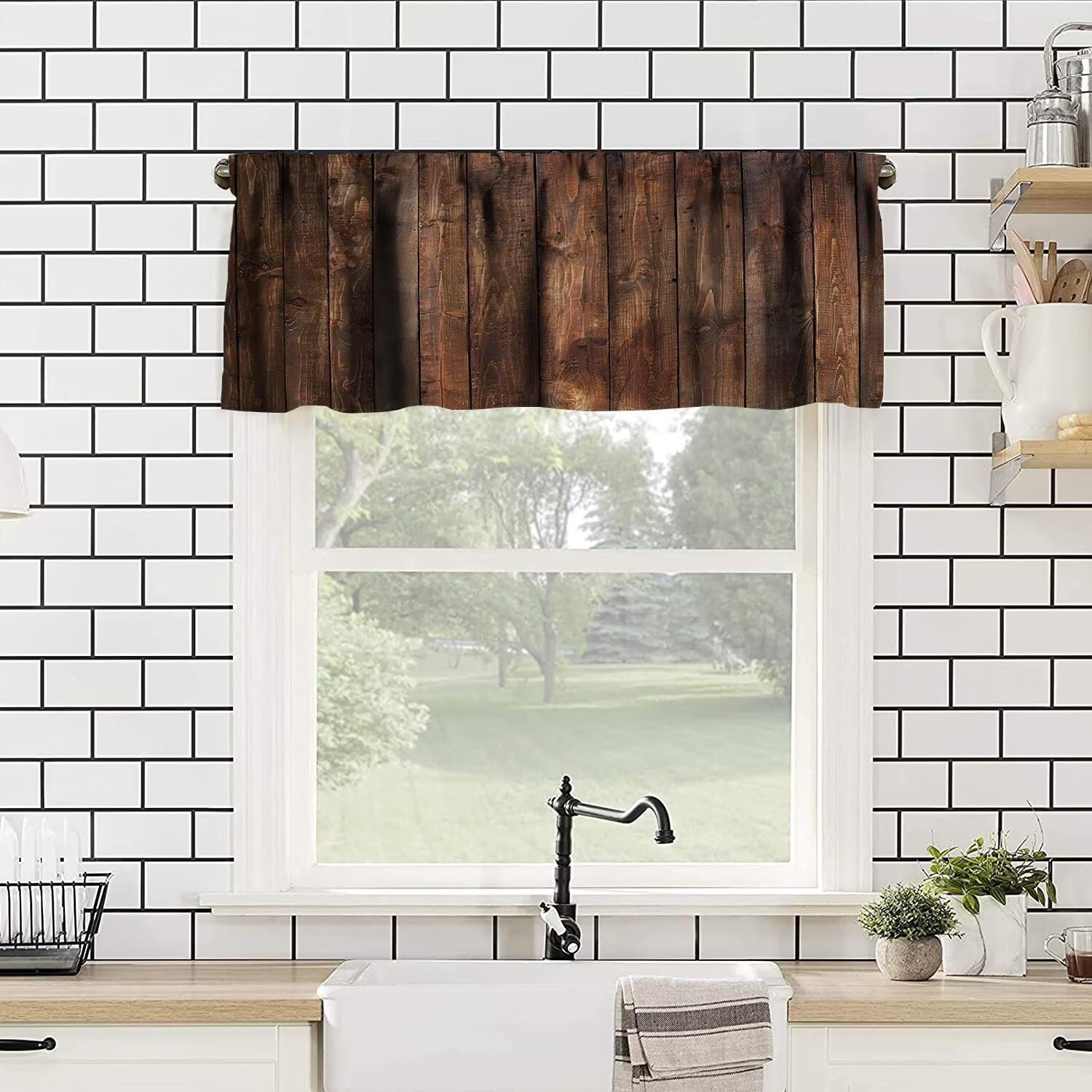 ZhiRain Wood Board Valance Curtain Farmhouse Rustic Wood Brown Barn Hardwood Rod Pocket Valance Window Treatments 1 Panel Short Curtains for Kitchen Living Room Bathroom Bedroom 54 x 18 in