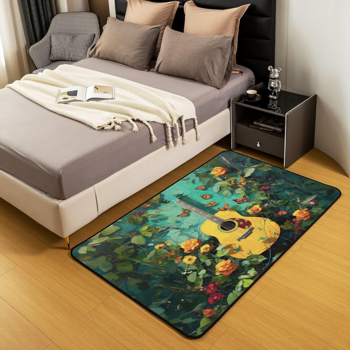 Homewish Tappeto con chitarra musicale, 100 x 150 cm, per camera da letto | Tappeto con motivo floreale e chitarra, per soggiorno, tema musica rock, non perde pelo, verde, stile vintage