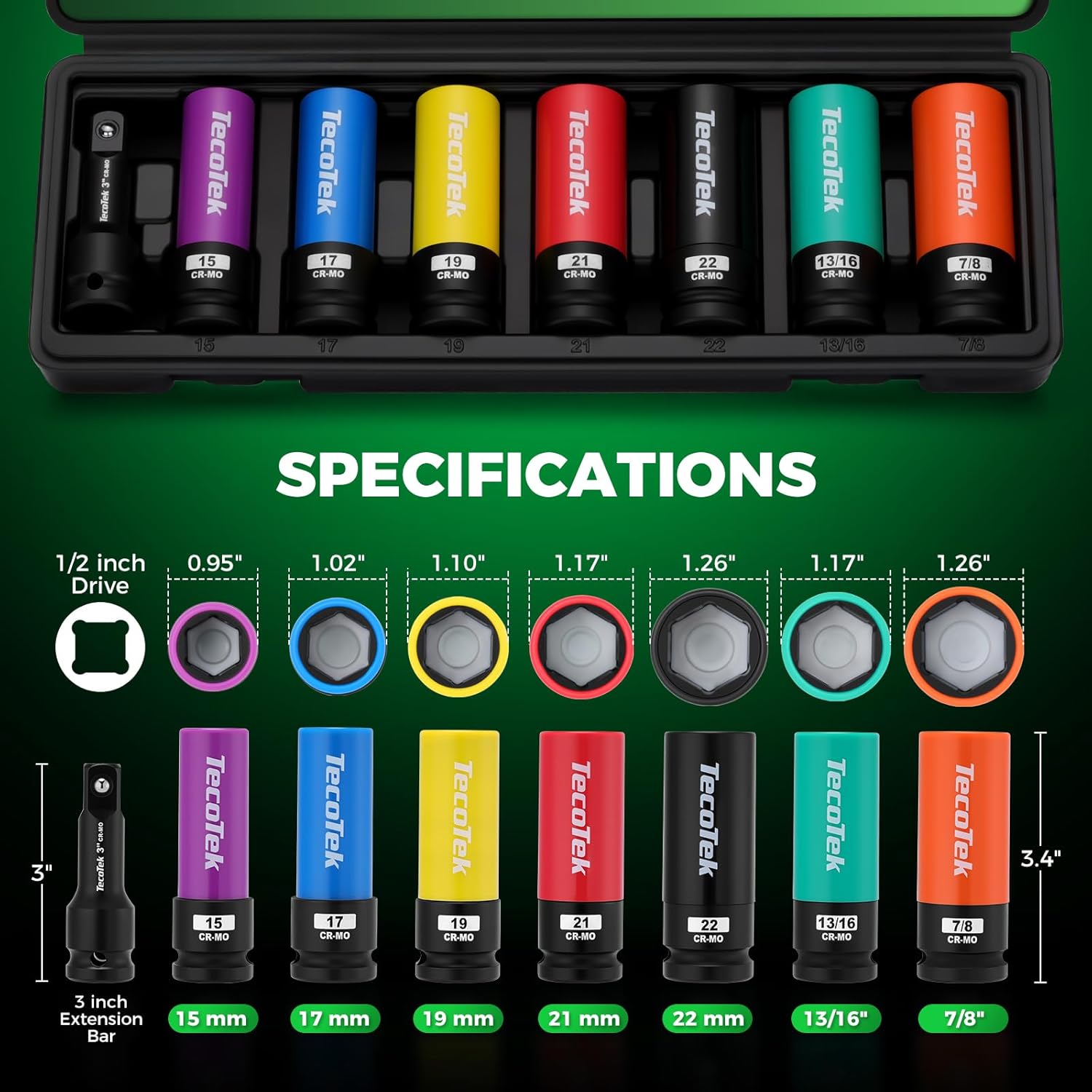 TecoTek 8PCS 1/2" Drive Lug Nut Socket Set, Metric 15 17 19 21 22 MM & SAE 13/16 7/8 in. Wheel Socket Set, Impact Lug Nut Socket Set, Thin Wall Lug Nut Sockets with Colored Protective Covers