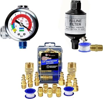 LE LEMATEC Air Compressor Fittings LE-CU15K, AI303-C1 Inline Filter and AR-01 Analog Regulator Bundle