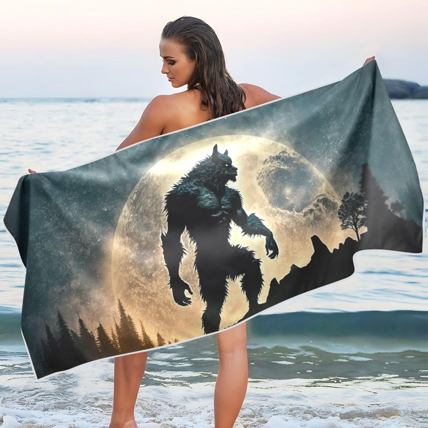Silhouette Werewolf Moon Quick Dry Beach Towel Oversized for Men Women - Large Size Portable Sandproof Beach Blanket for Multiple Uses