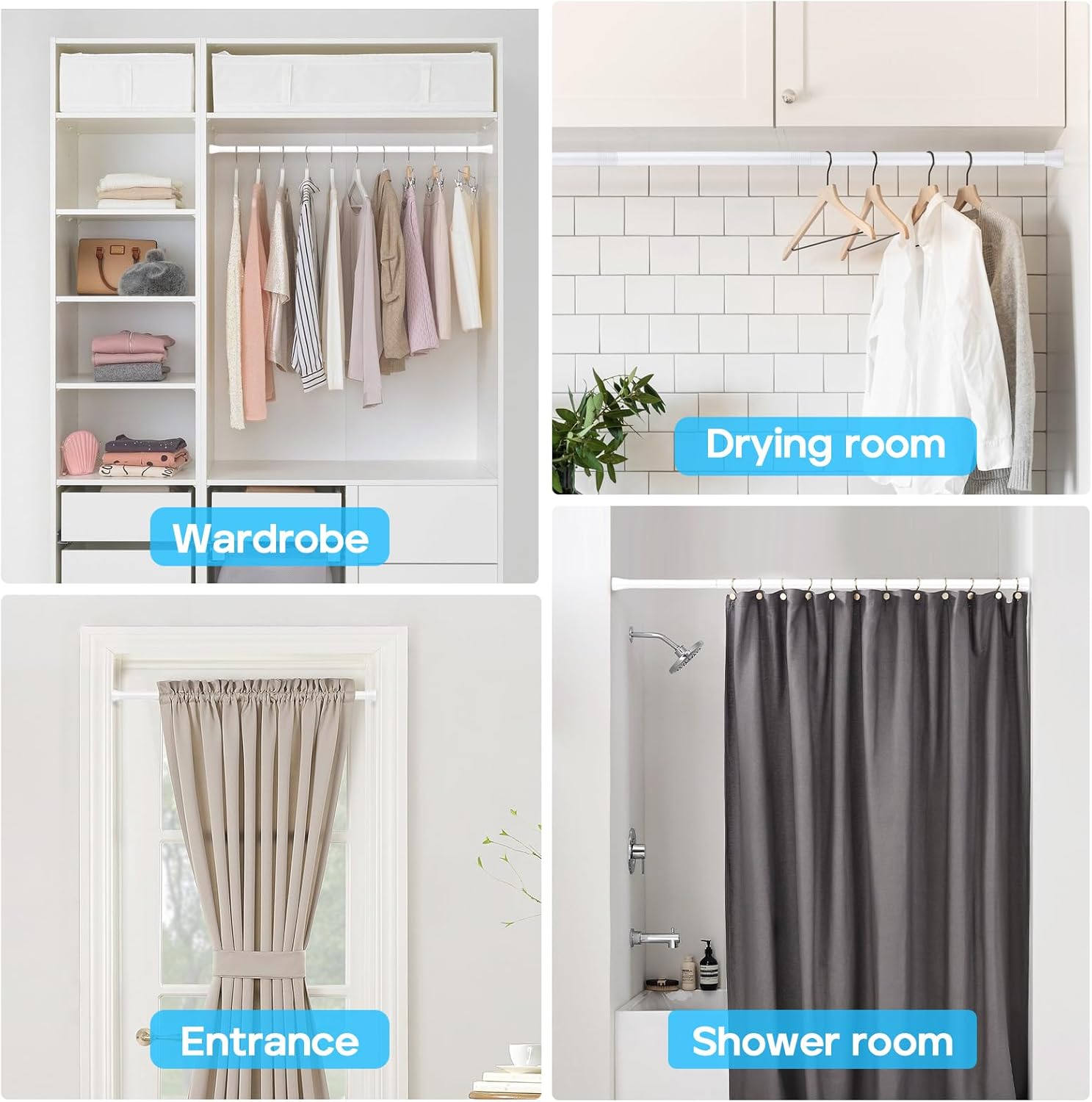 2Pack White Shower Curtain Rod 45 to 77 Inch,Shower Rods for Bathroom,Spring Tension Curtain Rod No Drilling for Windows Doors Closet Kitchen Wardrobe