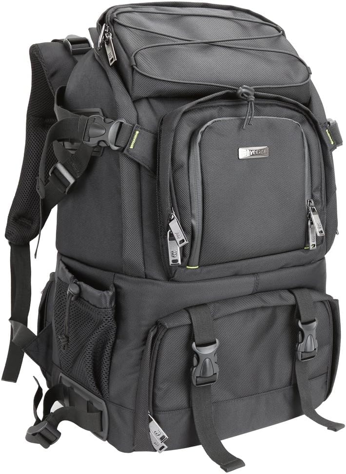 Zaino Fotografico, Evecase Extra Grande Nylon Zaino per Fotocamera Digitale/ Macchine Forografiche Reflex, Custodia Antipioggia, Supporto per Treppiedi e Cintura e Scomparto per Laptop Imbottito fino a 15.6' - Nero