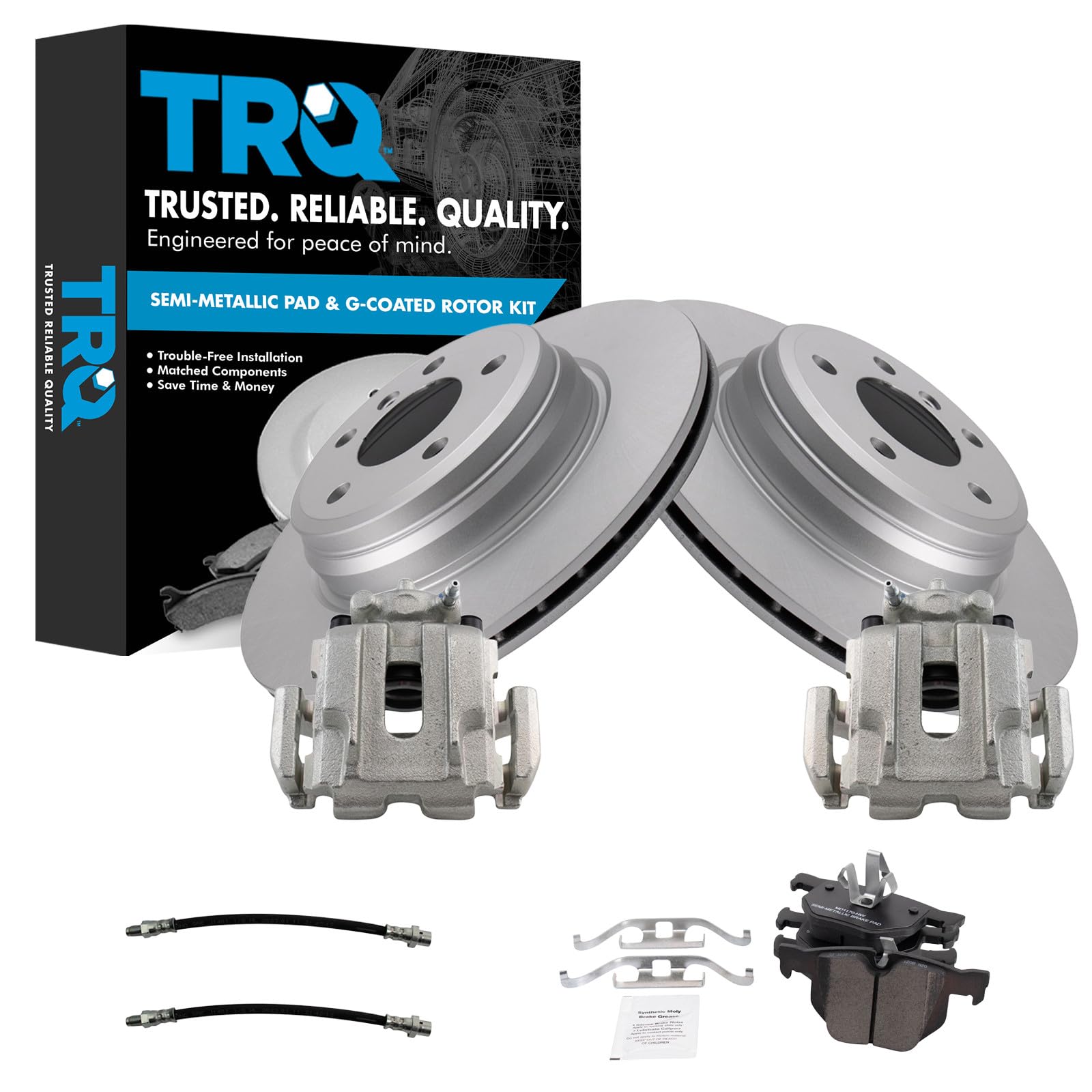 TRQ Rear Brake Pad and Rotor Set Semi Metallic Coated Rotors Calipers Compatible with 2012-2013 BMW 335i