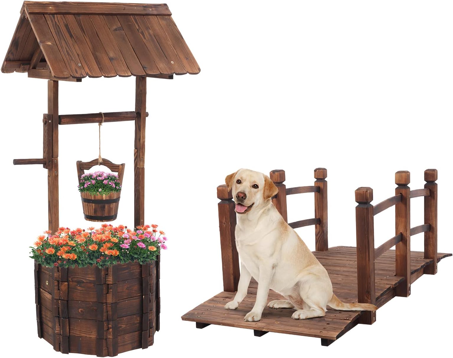 VINGLI Wooden Wishing Well and Garden Bridge Bundle for Outdoor Rustic Wedding Garden Decor Country Theme Style, Ornamental Landscaping Art Project Barrel Planter and Wooden Bridge Set for Backyard