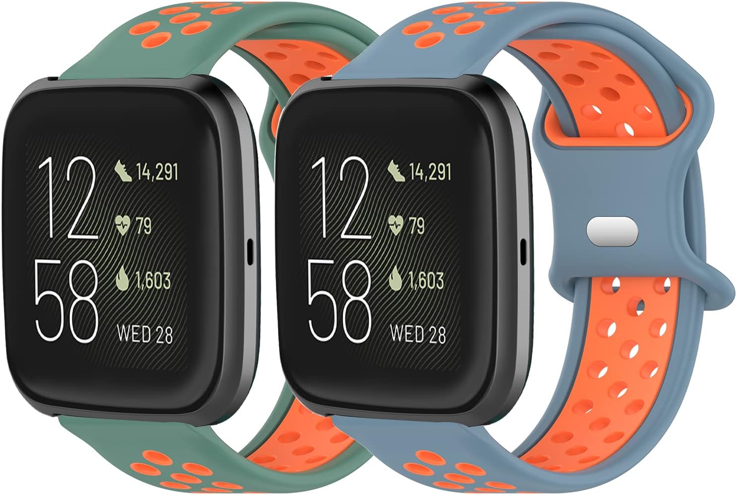2 Pack Binsiton Soft Silicone Watch Bands for Fitbit Versa 2/Fitbit Versa/Fitbit Versa Lite,Classic Adjustable Sport Bands Replacement Wristband for Women Men(2Pack-BlueOrange+GreenOrange)