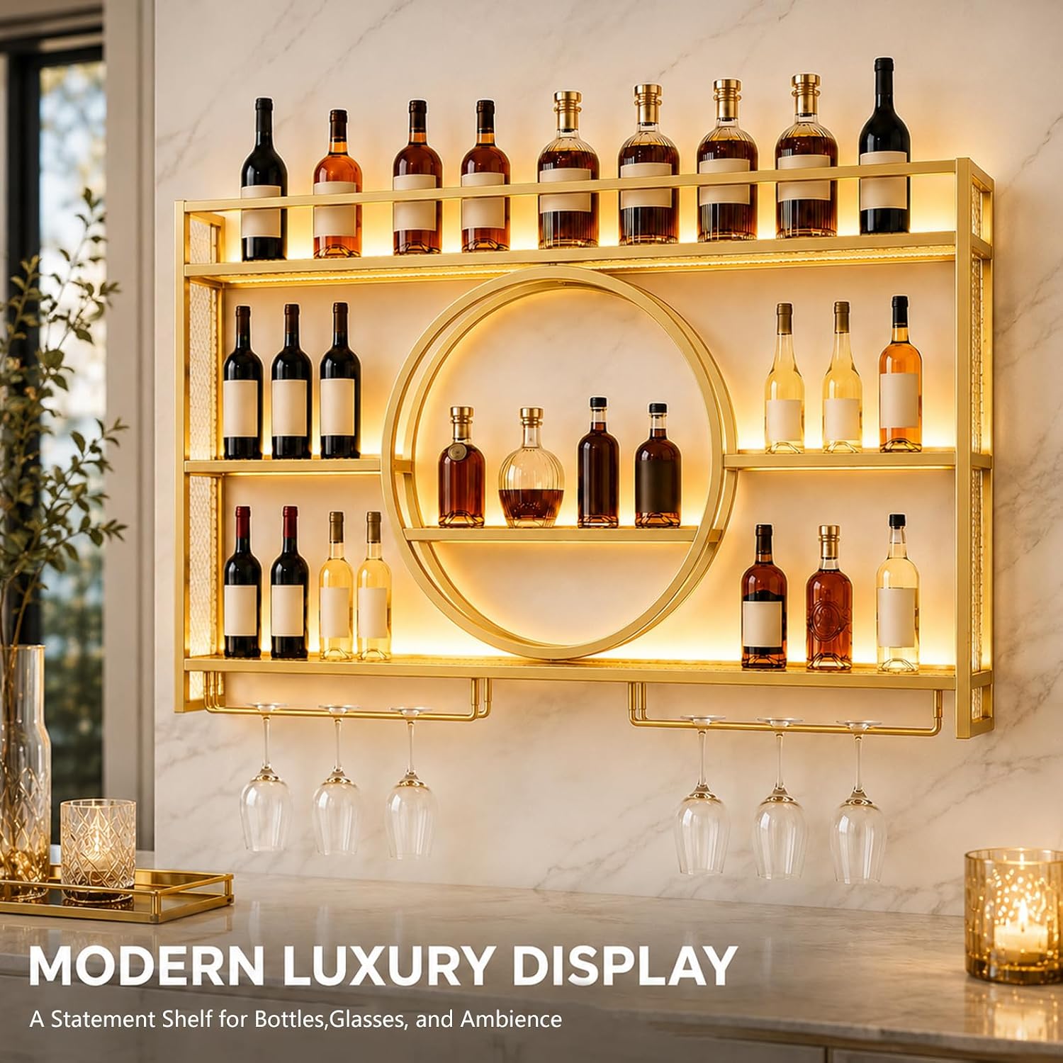 Wine Rack Wall Mounted - with LED Light, Bar Shelves & Glass Holder, Gold