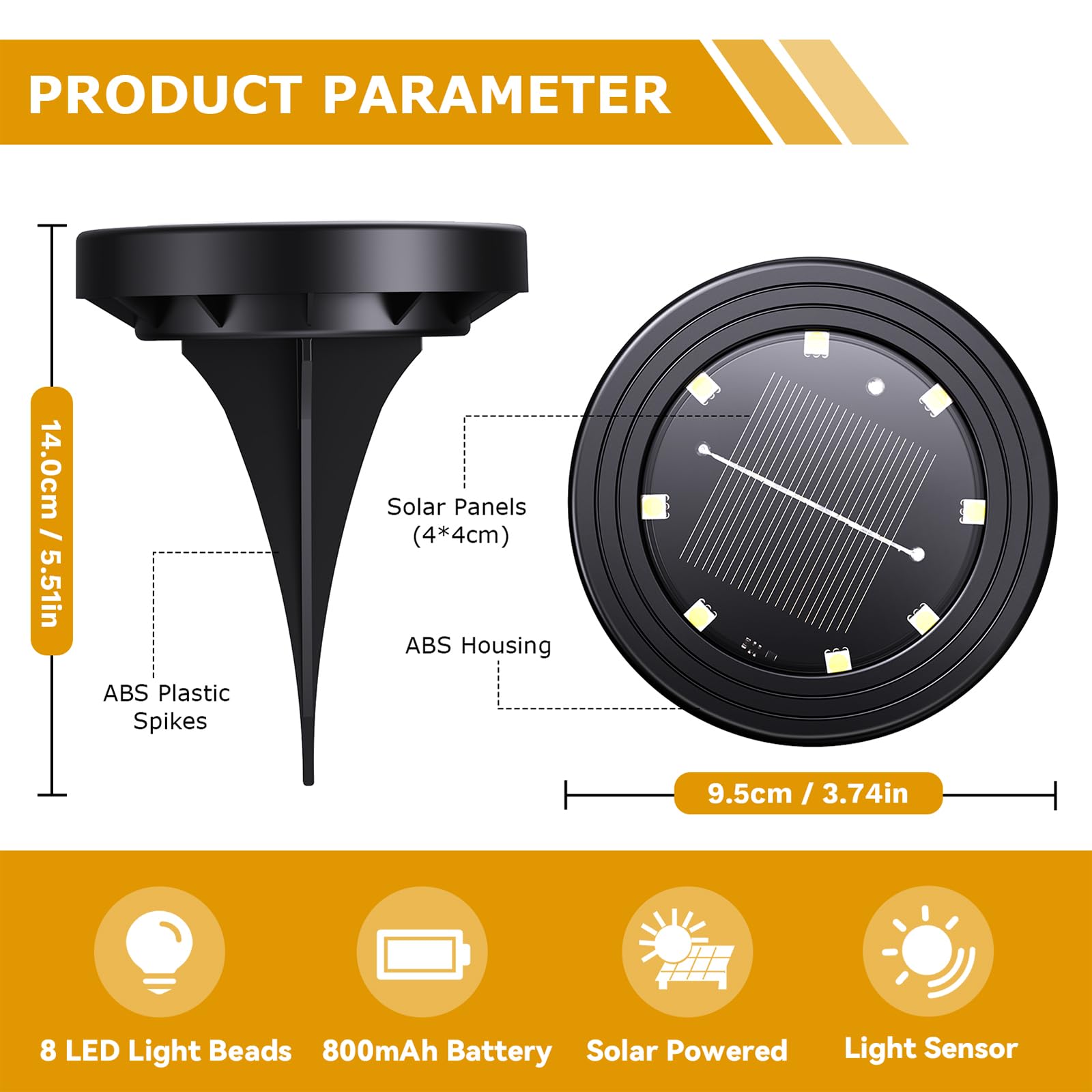 NIBSHOOM Lot de 8 Lampe Solaire Exterieur, IP68 Waterproof Lumiere Solaires 8 LED, Spot Solaire Longue durée de vie, Lumière Chaude Eclairage pour Jardin, Chemin, Terrasse