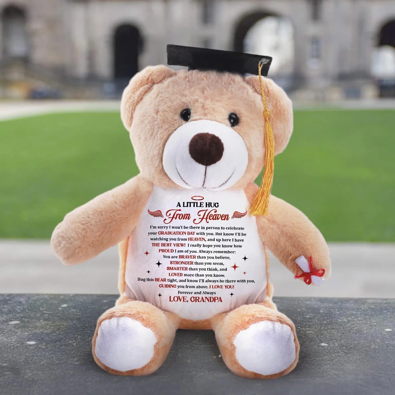 A Little Hug from Heaven - Personalized Graduation Teddy Bear, Sympathy Love Message Graduation Bear Plush, Remembrance Graduation 2026 Stuffed Bear, Memorial Graduation Gifts from Grandpa Grandma