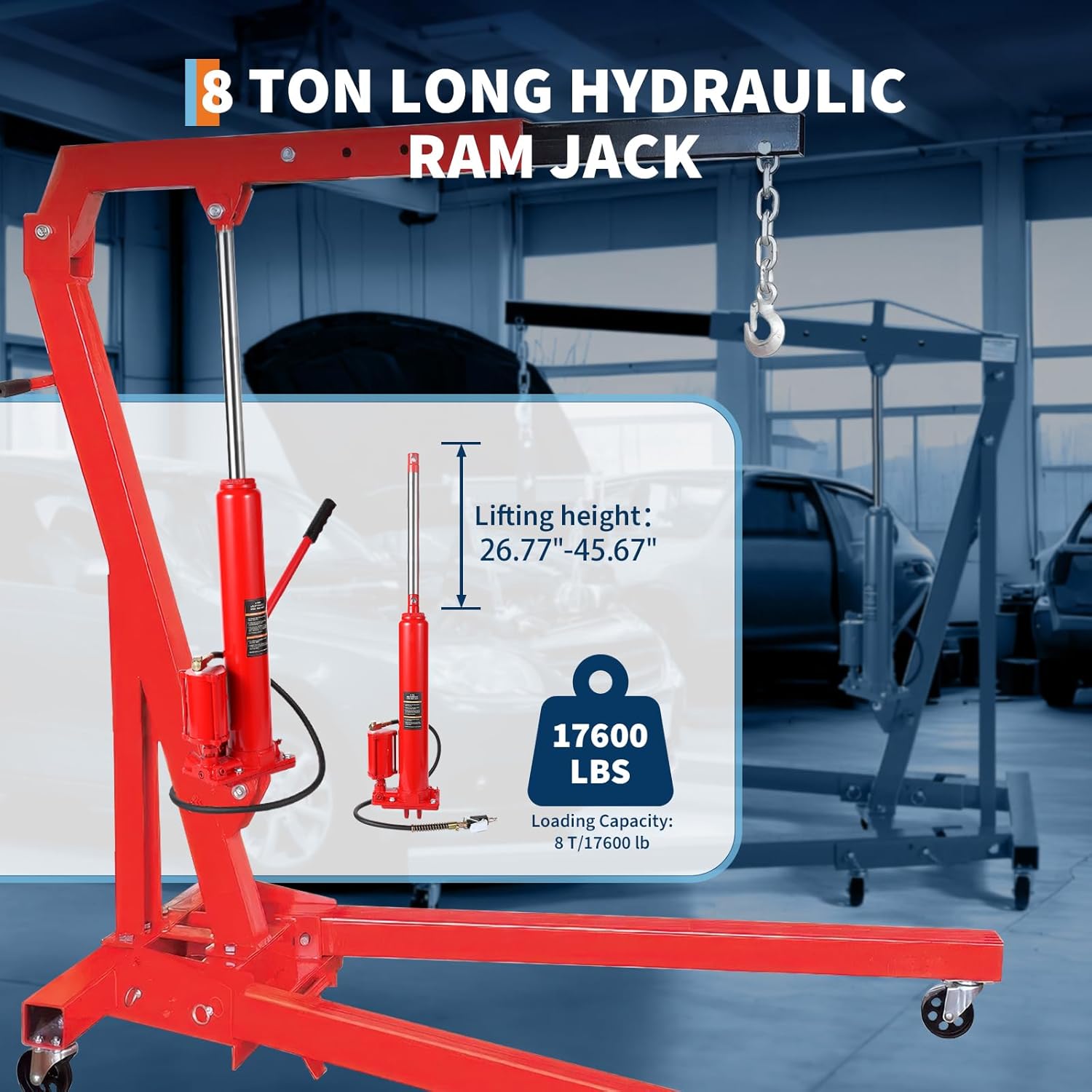 GarveeTech 8 T Air/Hydraulic Long Ram Jack, Engine Hoist Cylinder with Air Pump & Clevis Base, Long Ram Jack for Engine Hoists, Garage Cranes, Farm, Mechanical