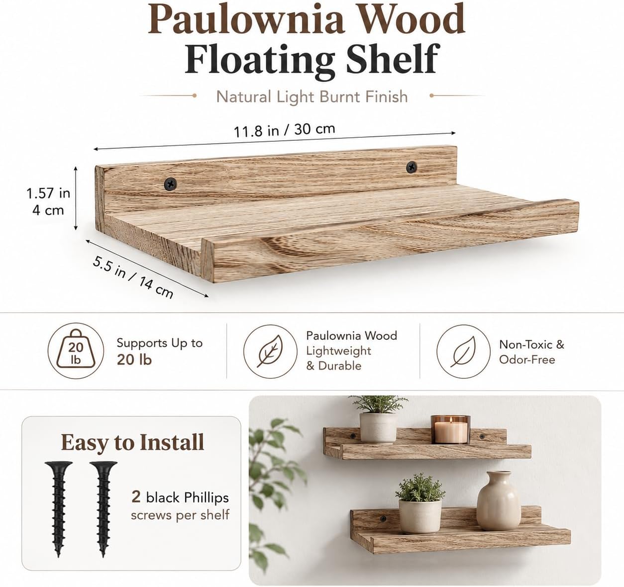 Z metnal Mini Floating Shelves, Small Natural Wooden Display Wall Shelf for Picture Ledge, Natural Color, Wall Mounted, 12 x 5.5inch, 2 Pack image 2