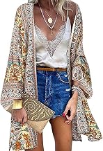 CheChury Women Kimono Beach Summer Bikini Cover Up Printed Kimono Jacket Cardigan Bohemian Pareo Tops Floral Cover Up Loose Half Sleeve Kimono Chiffon Blouse Elegant Beach Dress Shawl Beachwear