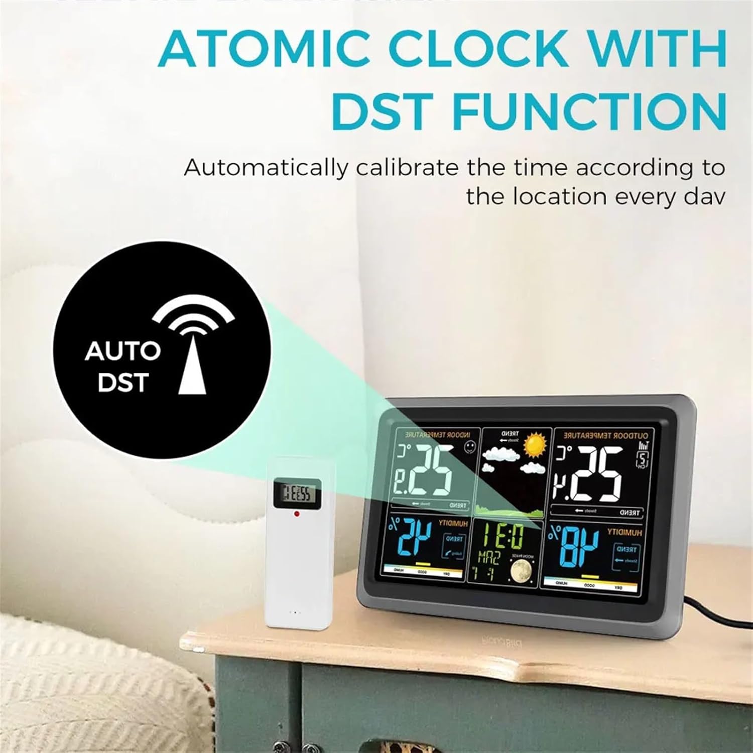 Weather Station, Multifunction Weather Station Alarm Clock Thermometer Hygrometer Wireless Sensor Sunrise Sunset Hygrothermograph,for Home Garden,Type 2-1