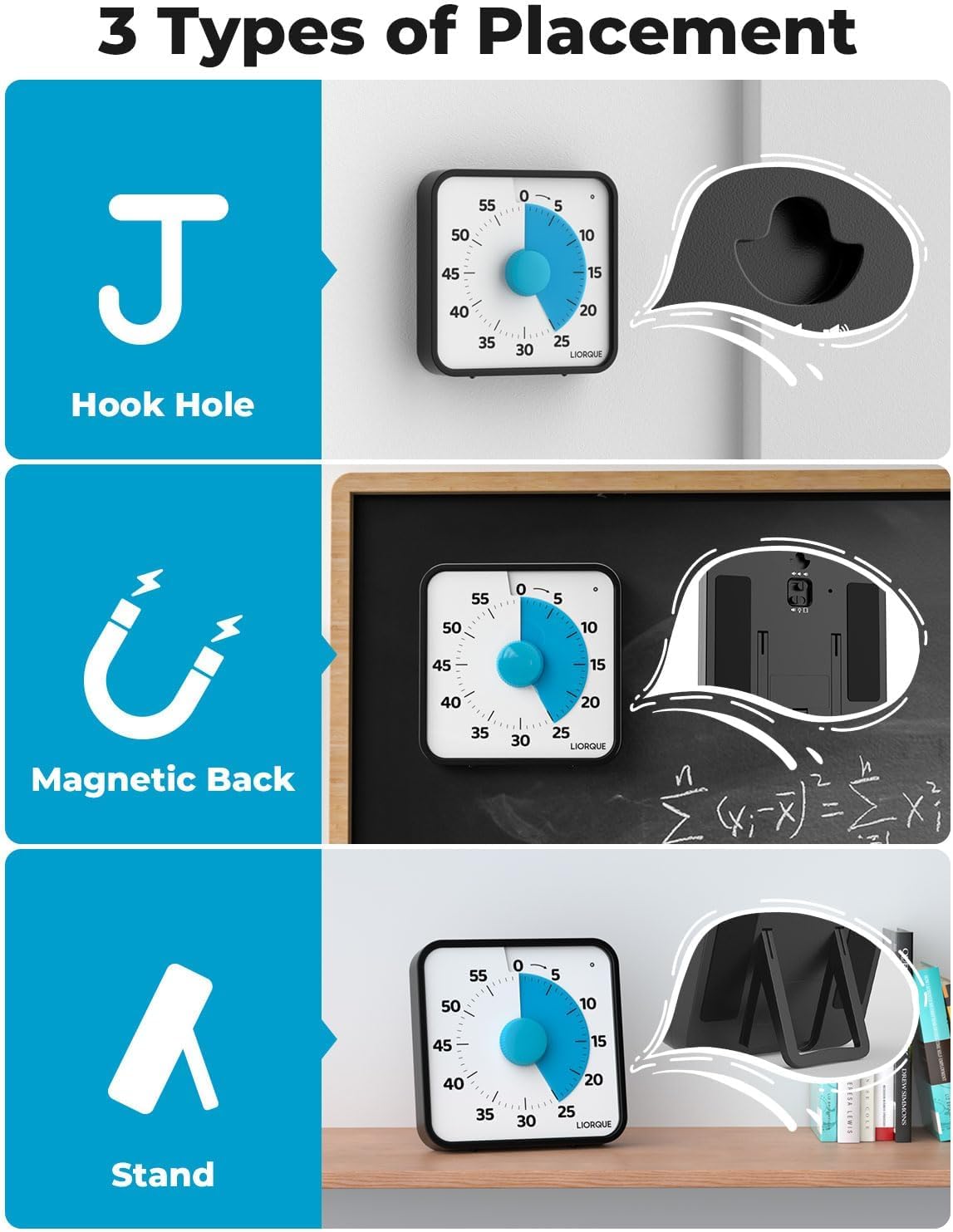 Three placement options for LIORQUE Visual Timer