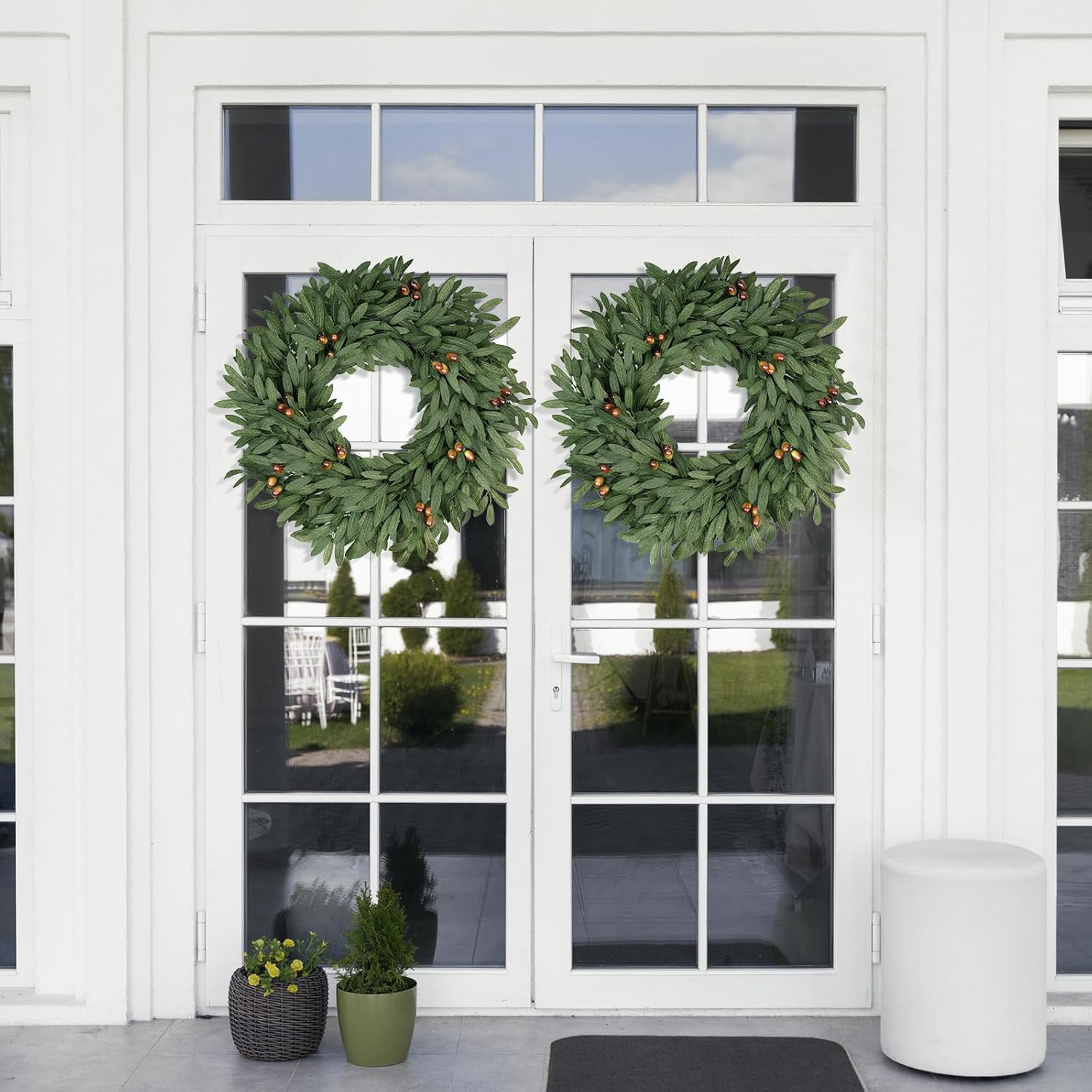 24 Inch Large Olive Wreaths for Front Door, Artificial Spring Summer All Seasons Year Round Green Lush Olive Branch Wreath for Home Farmhouse Porch Window Outdoor Indoor