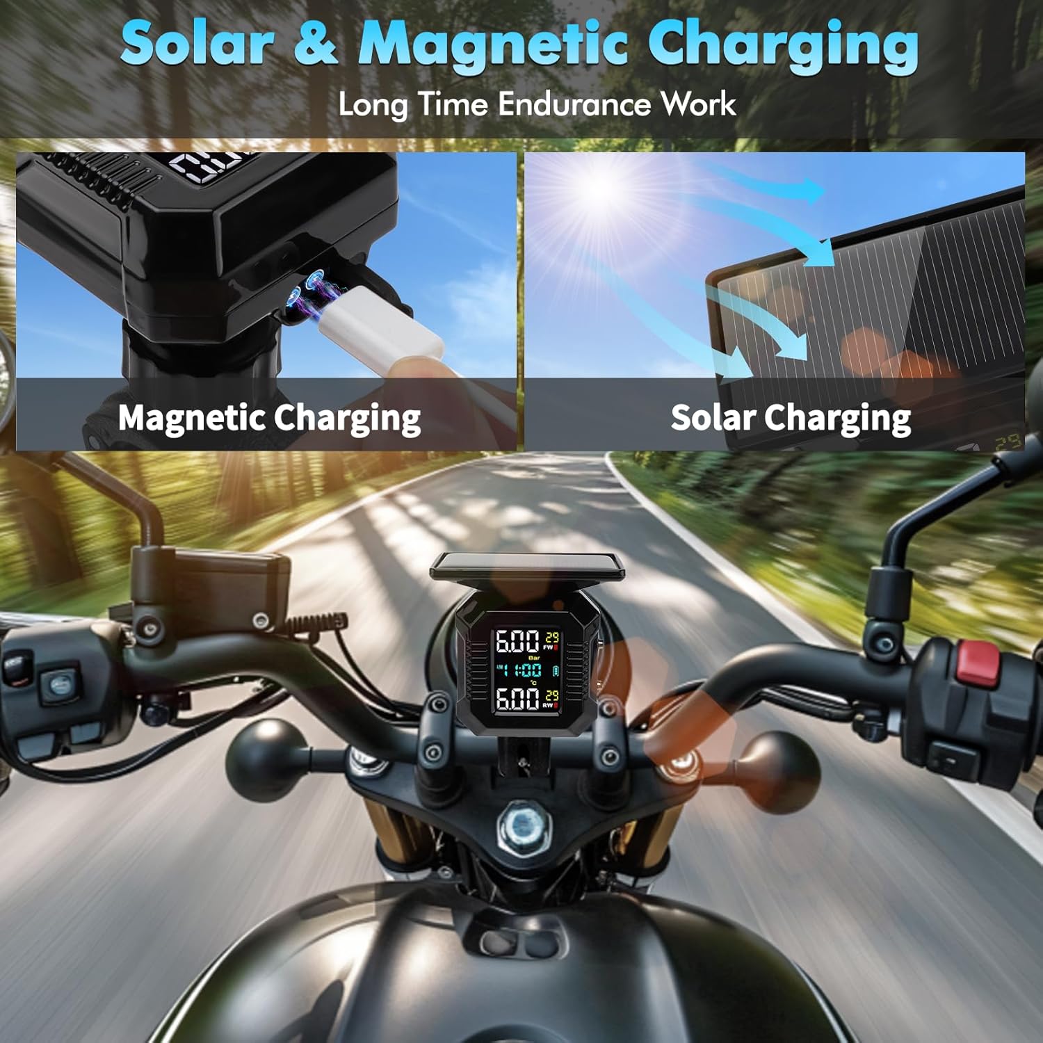 Tire Pressure Monitoring System,Motorcycle Tire Pressure Monitoring System with 2 Sensors, LCD Digital Display,Real Time, Solar Charging,Waterproof Design,Suitable for Adventure Rider