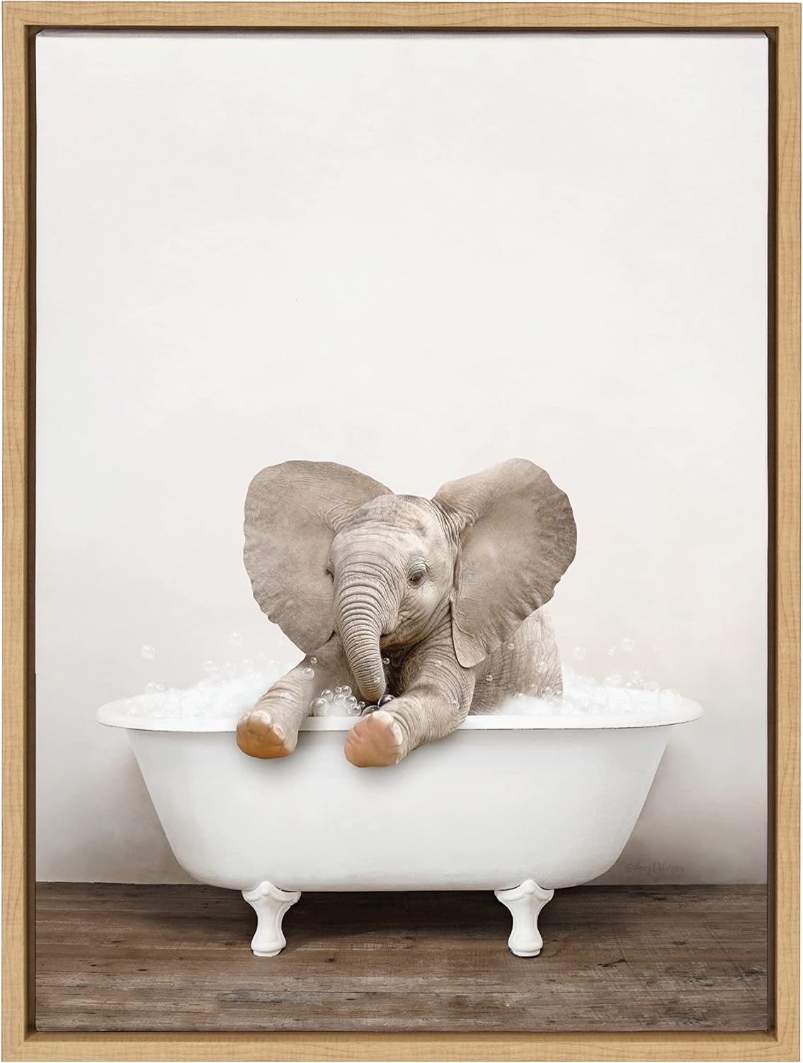 Kate and Laurel Sylvie Baby Elephant No 6 in Rustic Bath Framed Canvas Wall Art by Amy Peterson Art Studio; 18x24 Natural; Modern Fun Decorative Bathtub Wall Art for Home Décor
