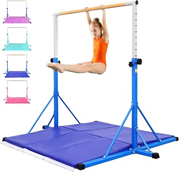 FC FUNCHEER Gymnastics Bar for Kids Ages 3-15, 35" to 60" Adjustable Height, 4FT Wide Base - Professional Kip Bar with 360 Stability & Fiberglass Crossbar, Easy Fold&Solid Design for Home Training