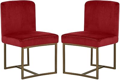 Eastern Modern Dining Room Kitchen Chairs, Velvet, 32 Inch Height, Set of 2, Red, Bronze Metal