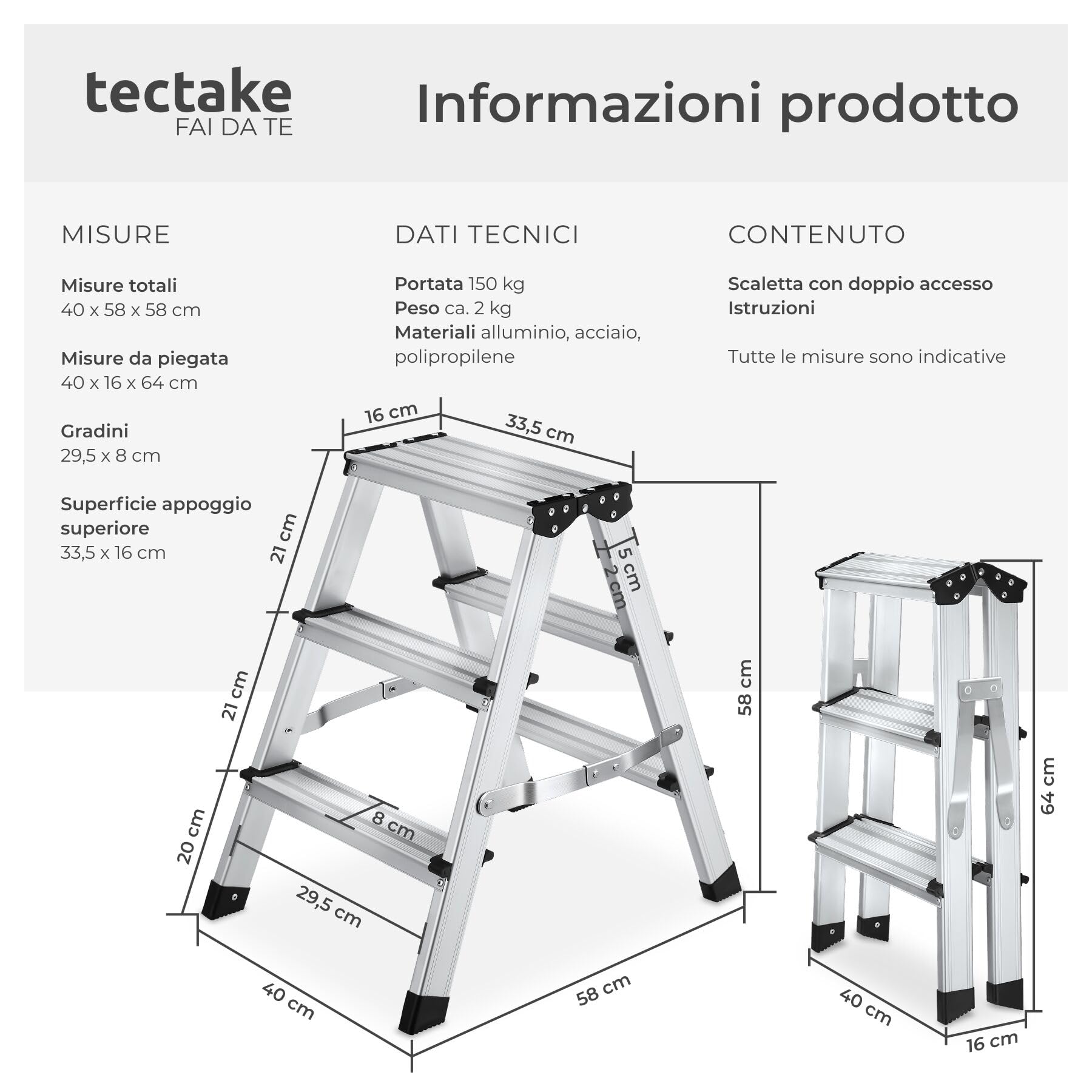 tectake® Scaletta Pieghevole in Alluminio Doppia, Scala 3 Gradini Antiscivolo, Scaletta Multiuso Salvaspazio con Doppia Salita, Scala per Casa Leggera, Piedini in Gomma, Antiscivolo, Portata 150 kg