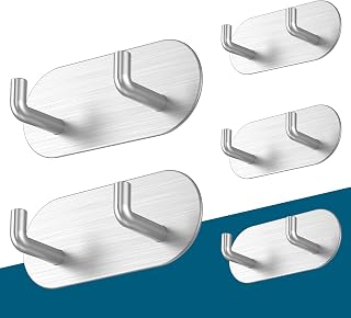 Towel Holder without Drilling Set of 5 Adhesive Hooks Extra Strong | Stainless Stainless Steel Hooks Self-Adhesive, Modern Design Wall Hook Towel Hook Bathroom (Silver)