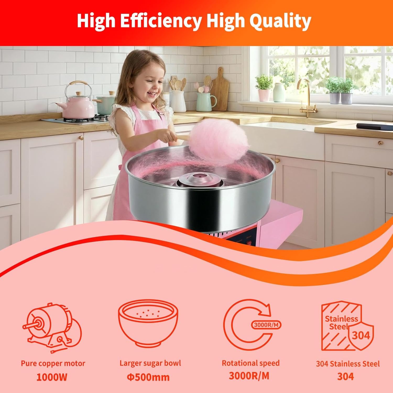 Cotton Candy Machine Commercial with Cart, 1000W Electric Cotton Candy Floss Maker with Bubble Shield & Stainless Steel Bowl, Professional Countertop Electric Cotton-Candy Makers for Home Industrial