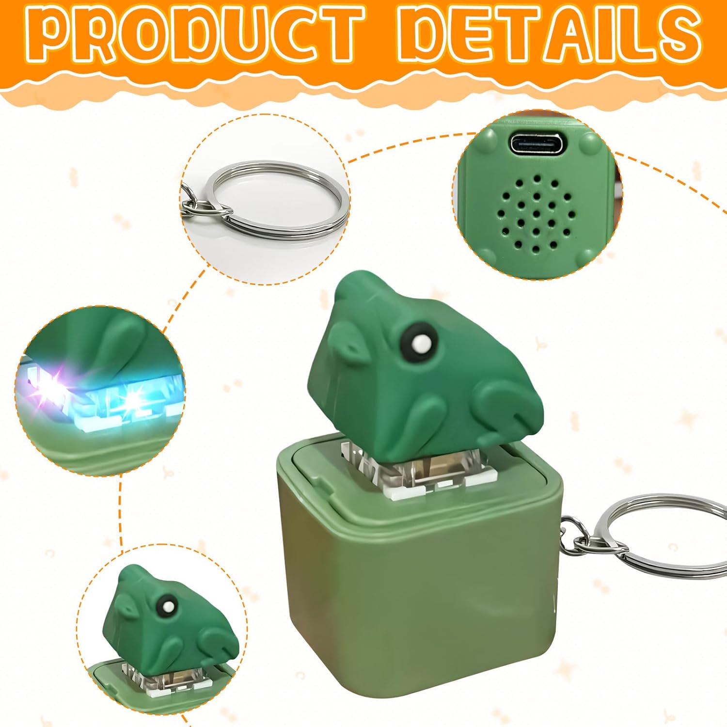 Frog Key Ring with Sound Button, Lizard Keychain for Kids with Colorful Lights and Sound Button, Key Pendant, Little Yellow Duck, Funny Car Keychain Relieve