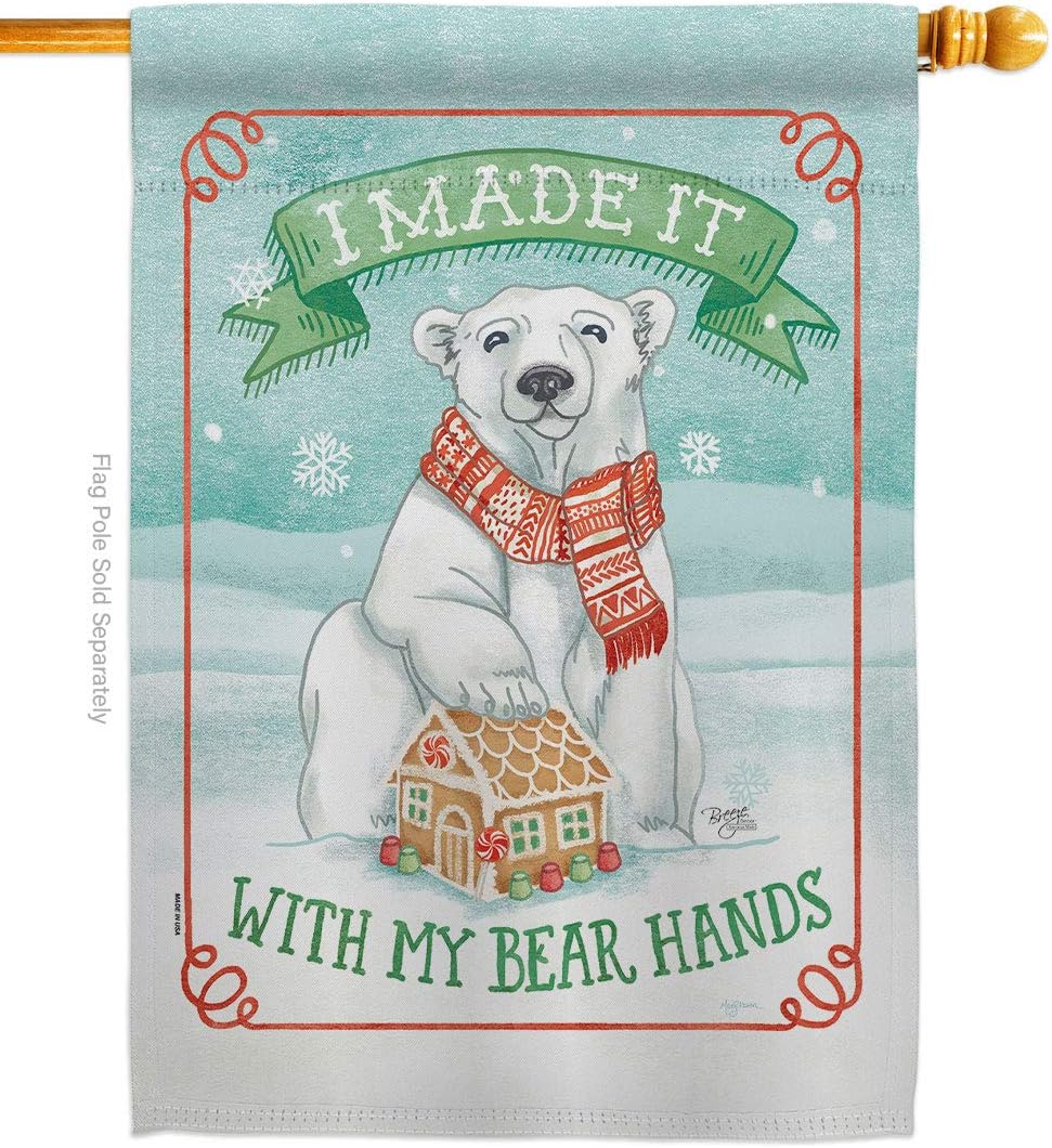 My Bear Hands House Flag Dowel Set Wintertime Winter Wonderland Snowflake Snowman Ice Skate Season Snow Small Decorative Gift Yard Banner Made In USA 28 X 40