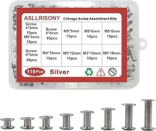 110 Sets Silver Chicago Screws Assorted Kit, 8 Sizes of Round Flat Head Leather