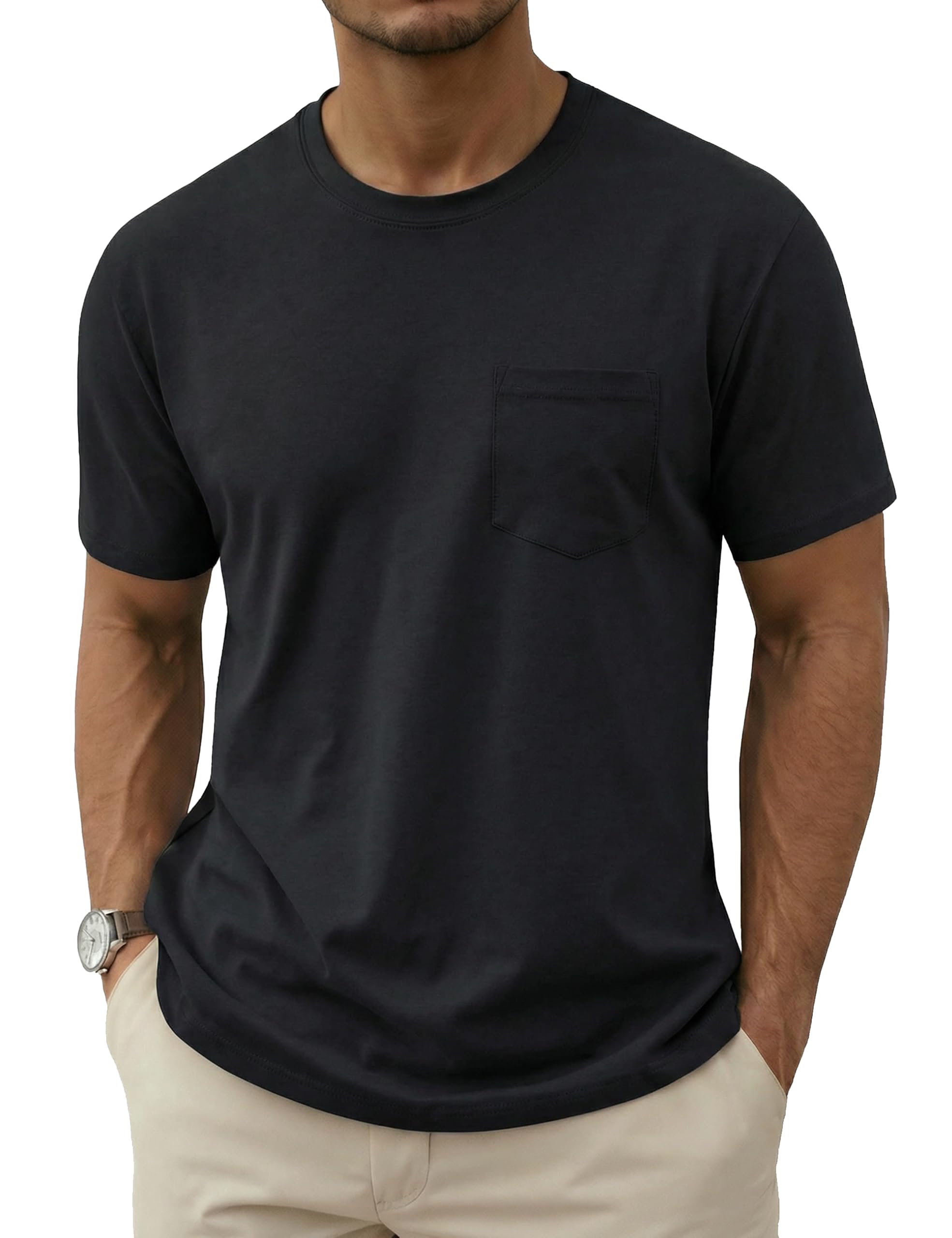 - Men's Cotton Pocket Tee Shirts Soft Crew Neck Solid Color T Shirt Casual Short Sleeve Summer Basic Tops