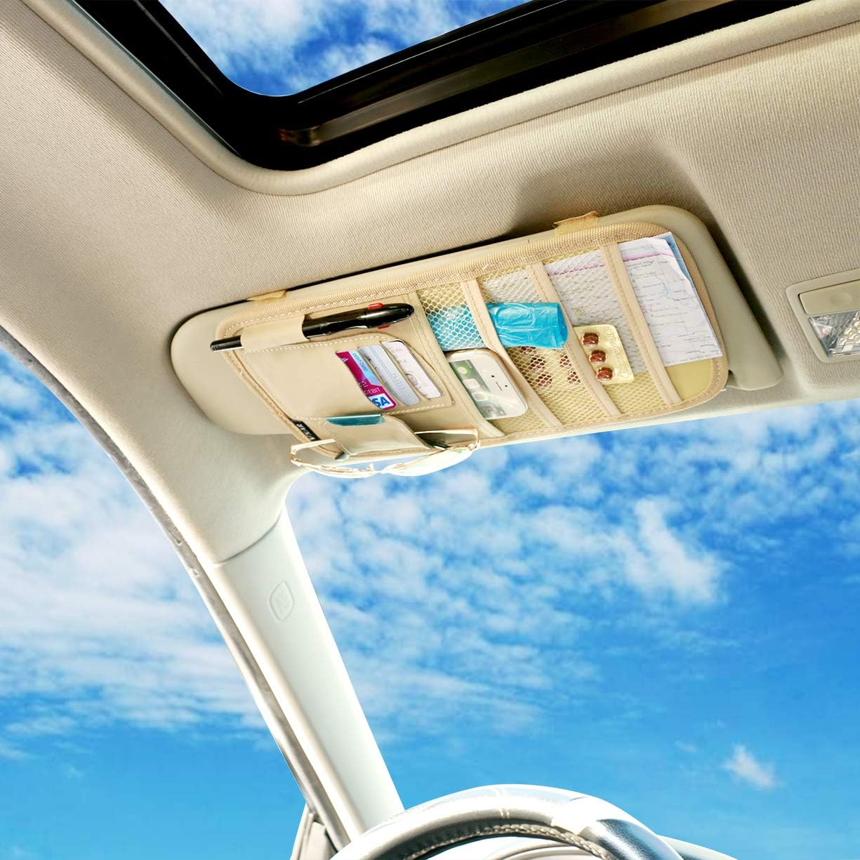 VXAR Car Sun Visor Organizer Pocket Storage Pouch Case Leather Holder Portable (Beige 3 Mesh)