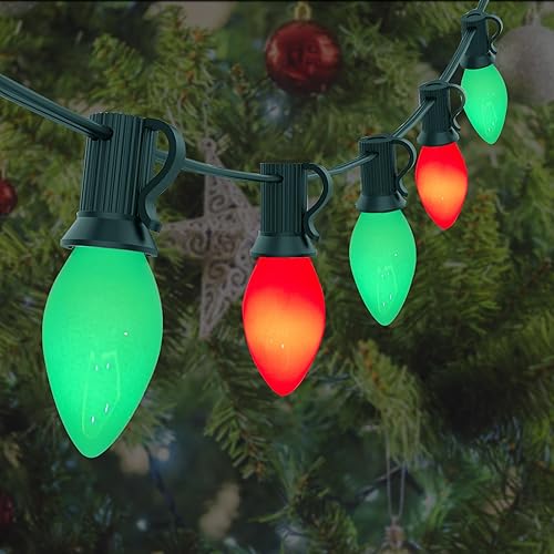 Miniatura 5 de C7 Luces de Navidad rojas y verdes de 25 pies para decoración de Navidad al aire libre con 27 bombillas de cerámica rojas y verdes, luces de Navidad
