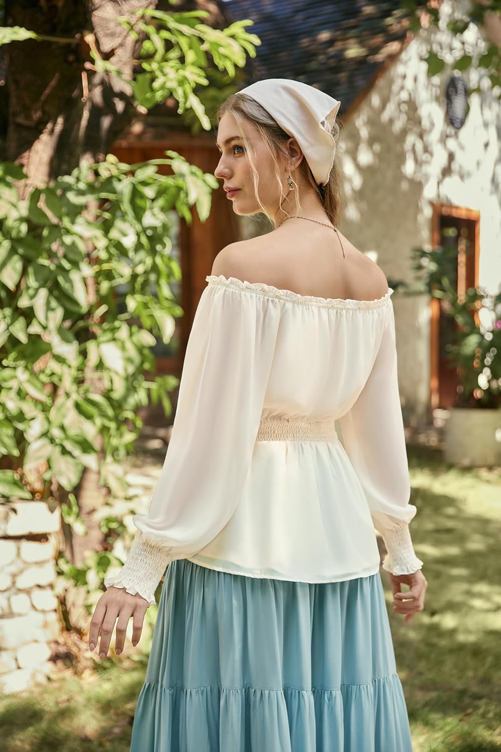 Scarlet Darkness Womens Renaissance Shirt Peasant Off Shoulder Tops Smocked Waist Long Sleeve Blouse - Image 7