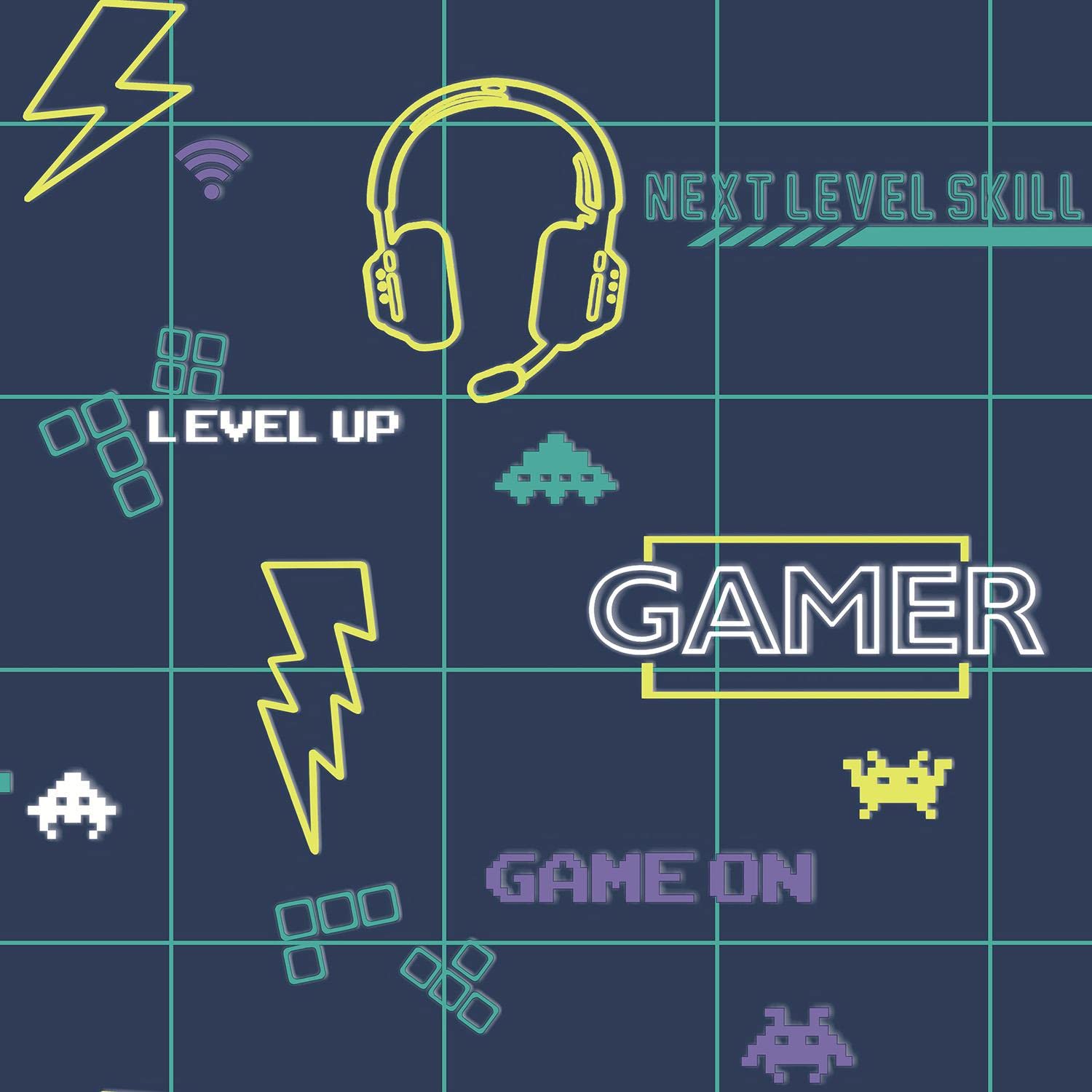 Gamer Boys Navy Neon Yellow Boys Space Invader Paste The Paper Wallpaper Video Games