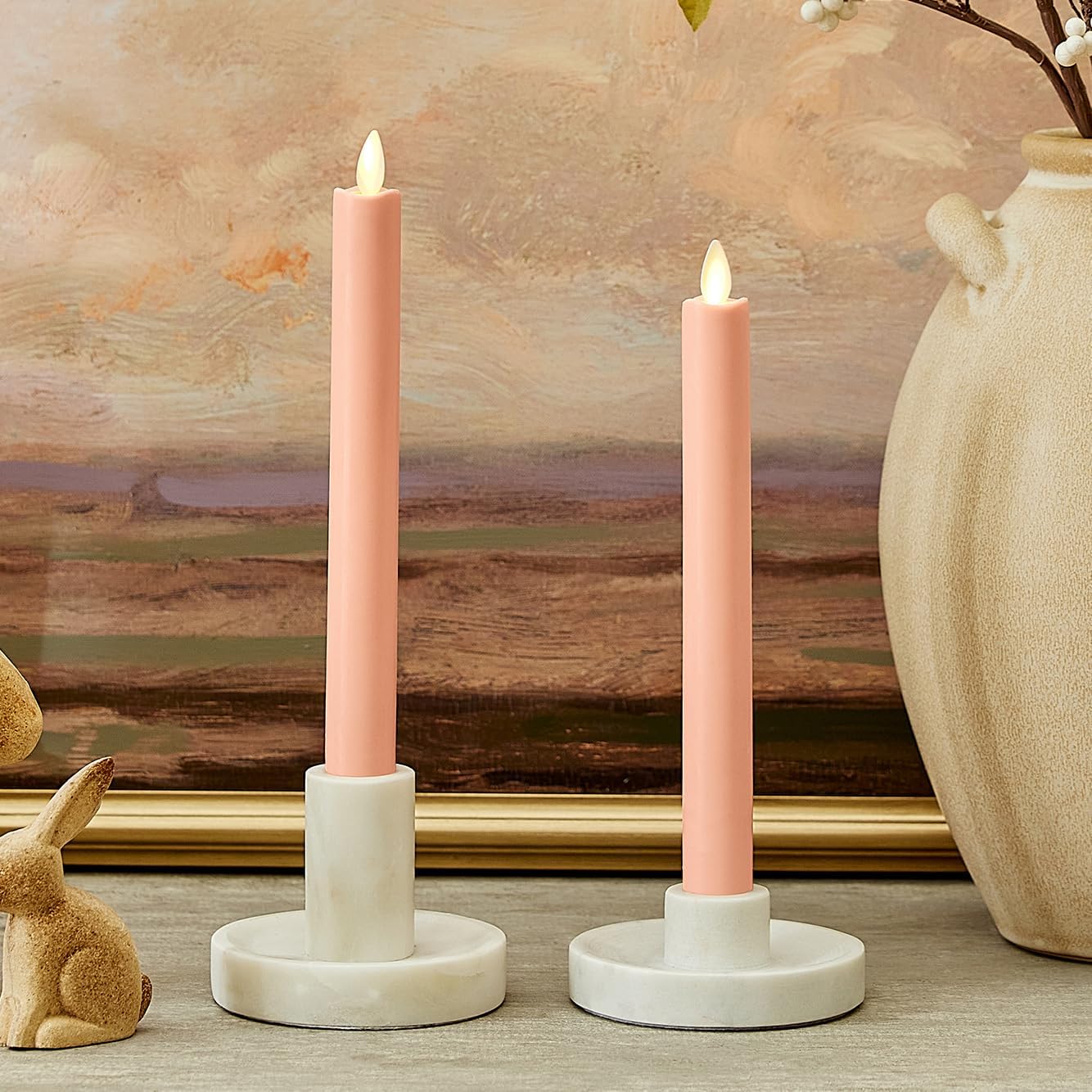 Luminara Flameless Battery Operated Taper Candle, Mellow Peach Pack of 2 1" x 9.75", LED Flickering Flame, Realistic & Safe for Home Kids and Pets