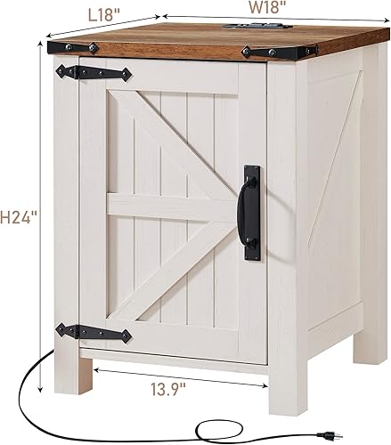 Miniatura 6 de Mesa de noche OKD con estación de carga, mesa auxiliar de 18 pulgadas estilo granja con puerta de granero y estante de almacenamiento ajustable,