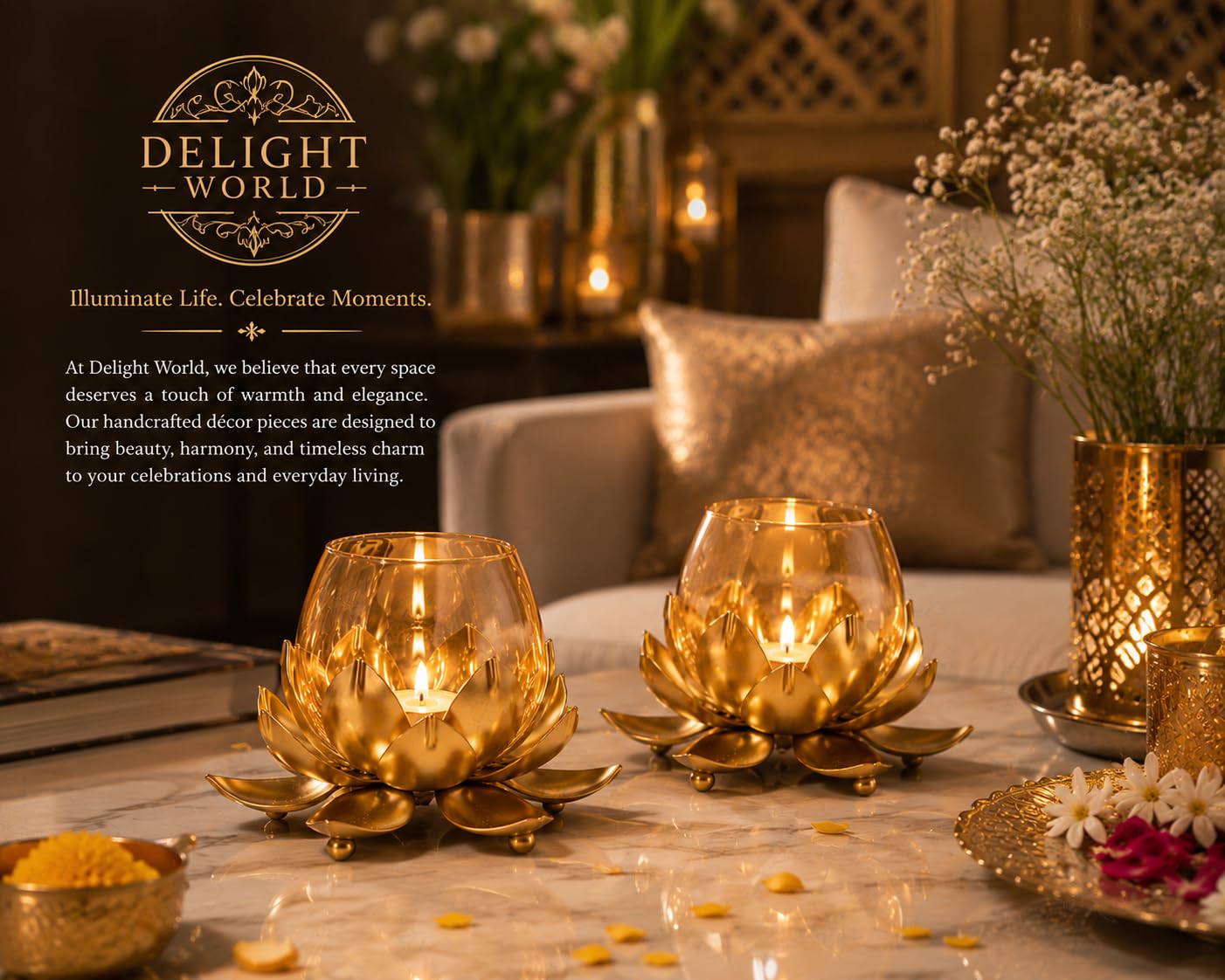 Lotus Tealight Candle Holders - Golden Decor -9
