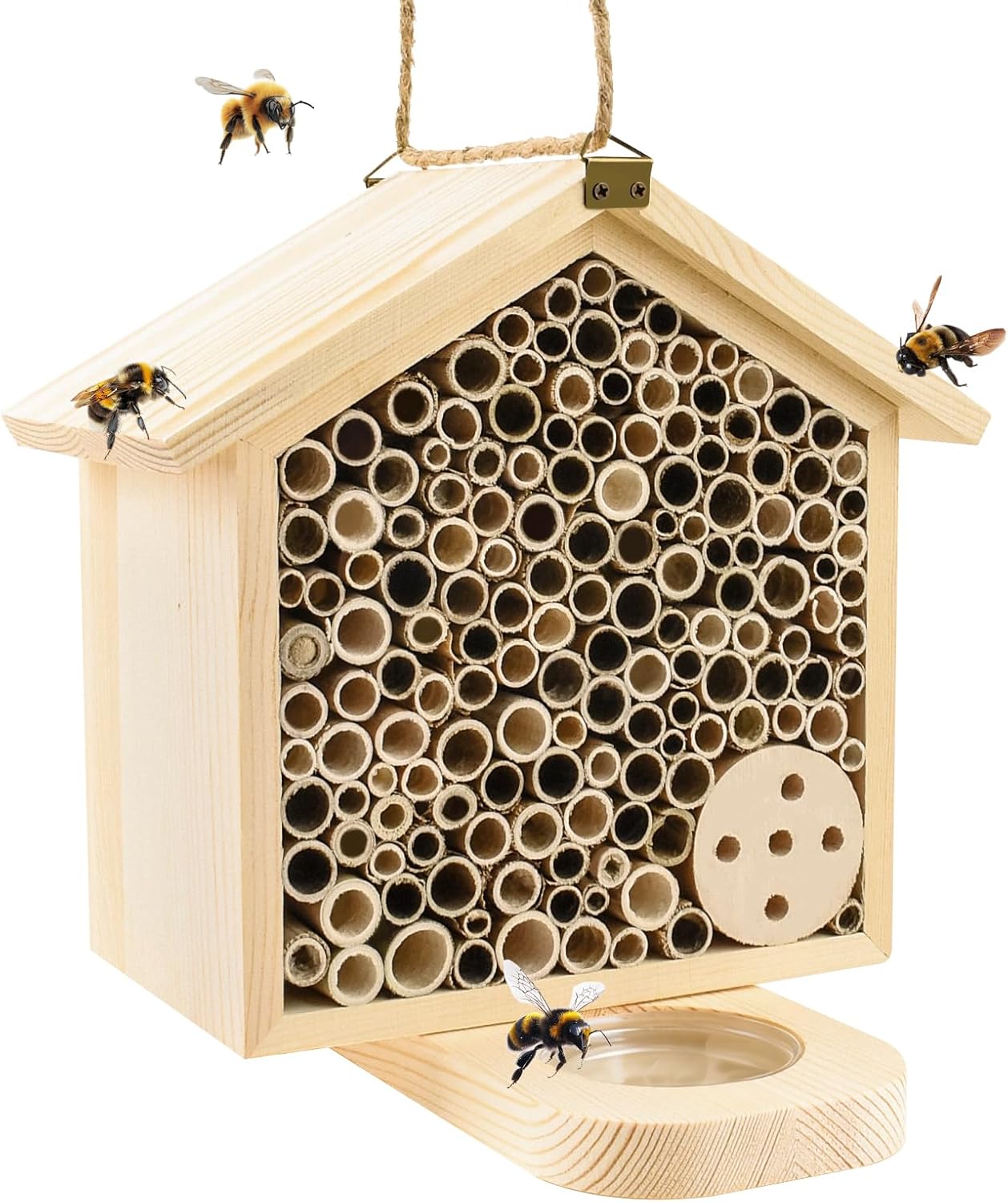 Mason Bee House with Feeding Trays - Natural Pine Wood Hanging Bee Hive,Insect Hotel for Garden Backyard, Outdoor Garden Decoration Attracts Bees, Butterflies, Ladybugs Pollinators