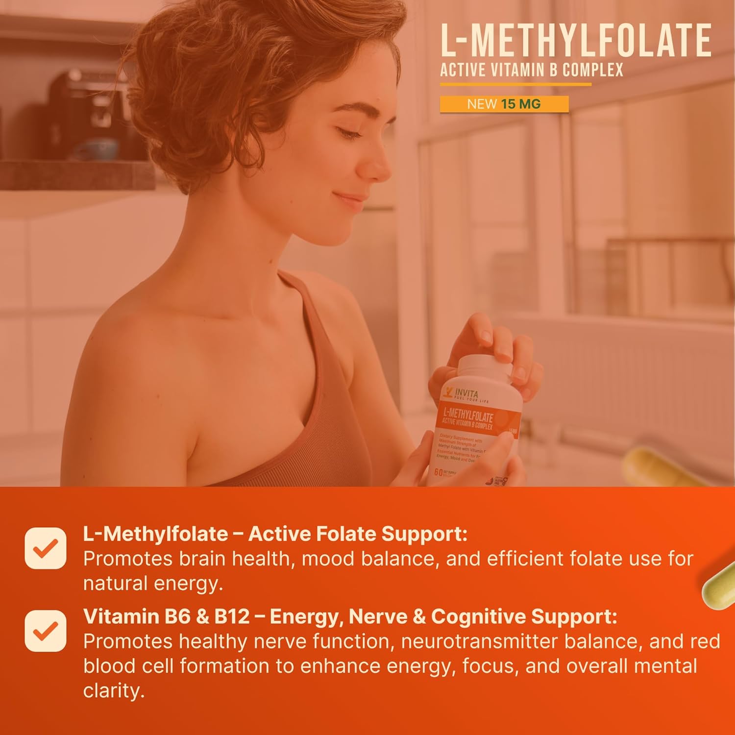 INVITA, L-Methylfolate 15mg + Active Vitamin B Complex – 60 Capsules - 5-MTHF Supplement with Vitamin B6 & B12 Methylcobalamin for Mood, Energy and Heart – Non-GMO, Gluten Free, 2-Month Supply