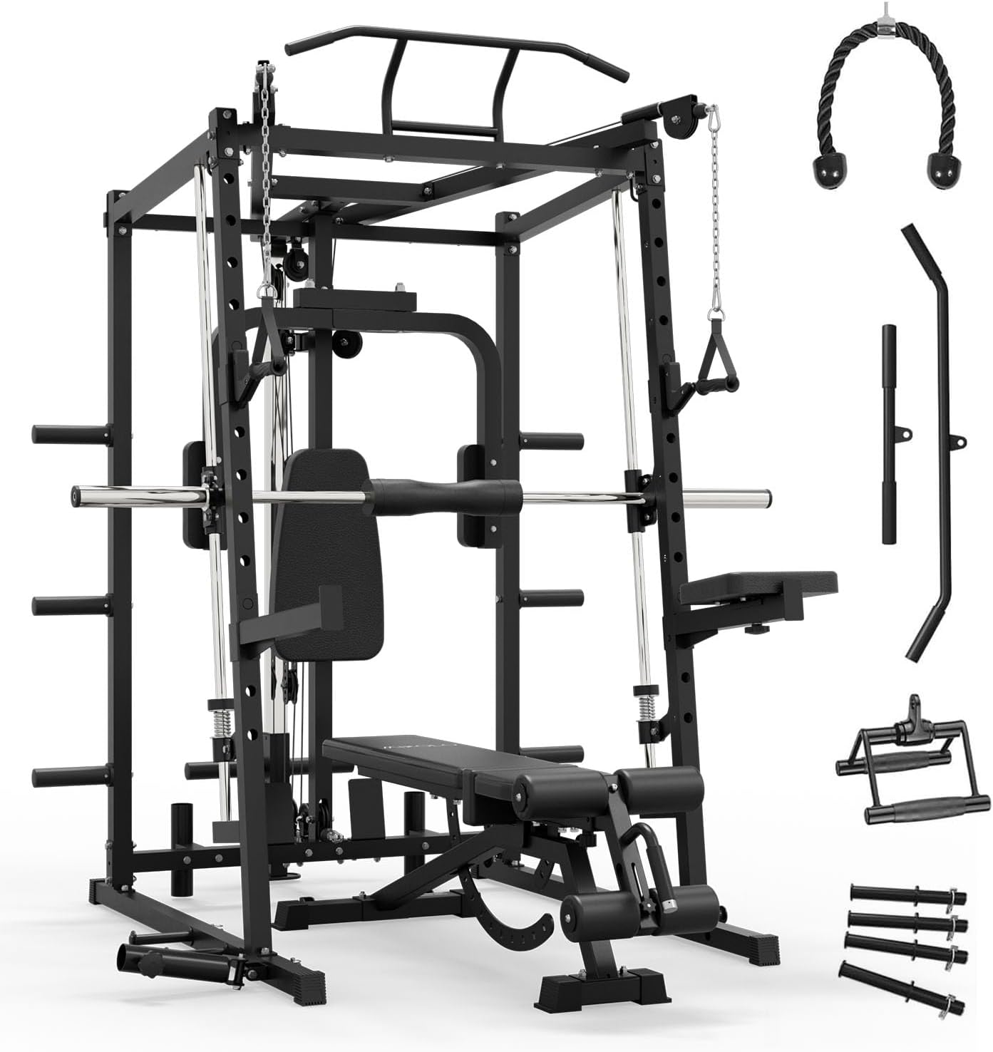 Mikolo All-in-One Smith Machine Home Gym, 2000LBS Power Cage with Cable Crossover System, Integrated Squat Rack with Weight Bar for Full-Body Training—LAT Pulldown, T-Bar Row, Triceps, Chest Fly