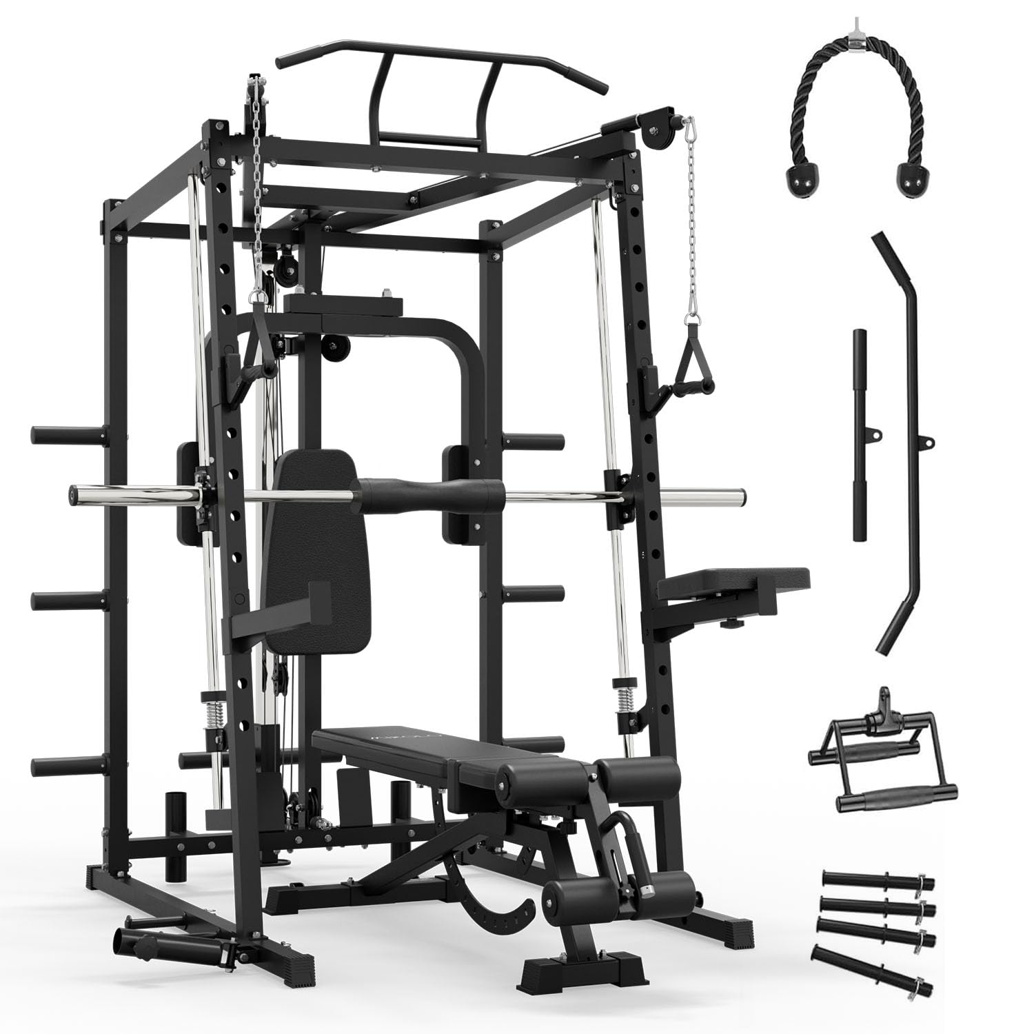 Mikolo All-in-One Smith Machine Home Gym, 2000LBS Power Cage with Cable Crossover System, Integrated Squat Rack with Weight Bar for Full-Body Training—LAT Pulldown, T-Bar Row, Triceps, Chest Fly