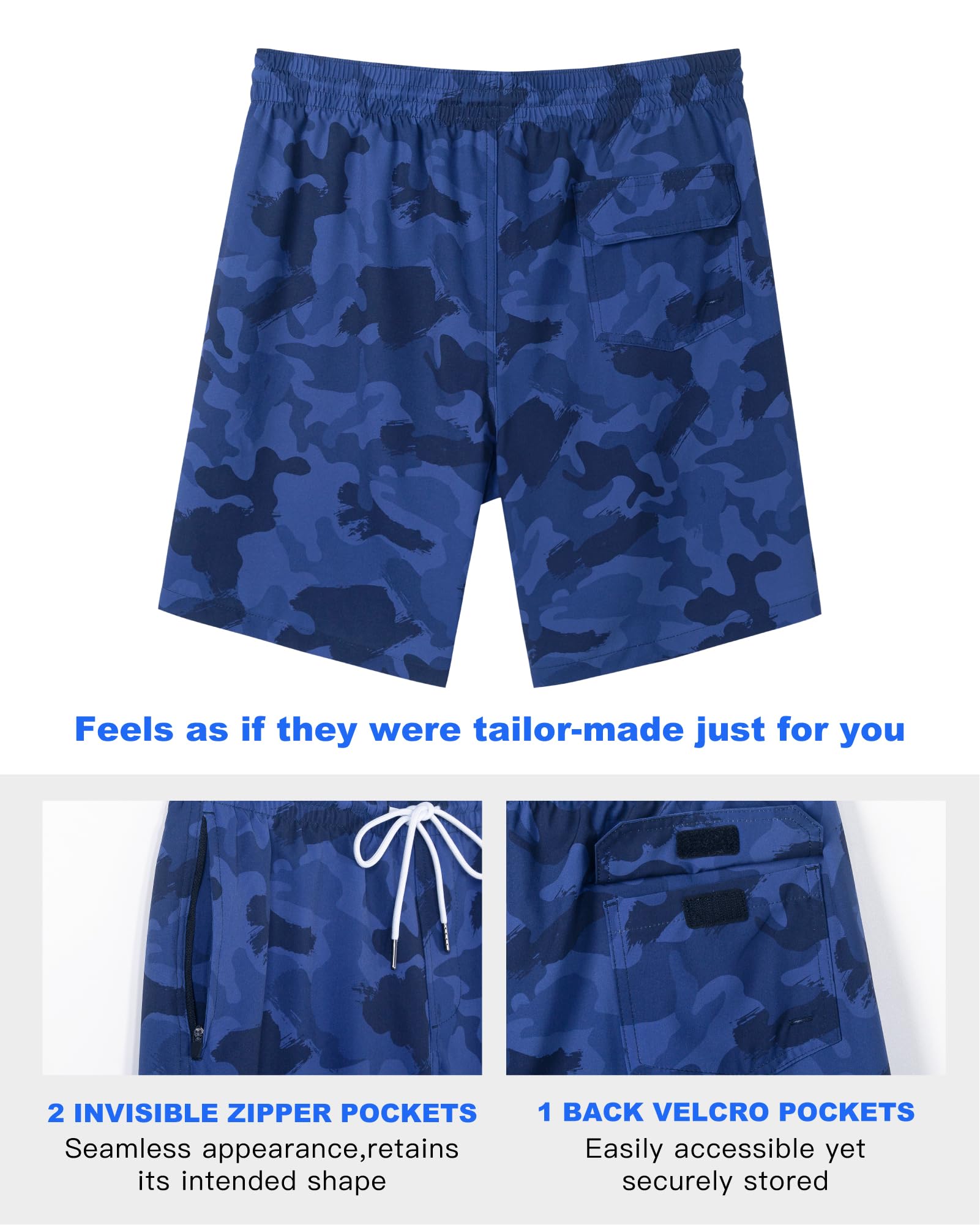 SURF CUZ Mens Swim Trunks with Compression Liner Swimming Shorts 2 in 1 Stretch Quick Dry Zipper Pockets, Dark Blue Camouflage|S - Image 3 thumbnail
