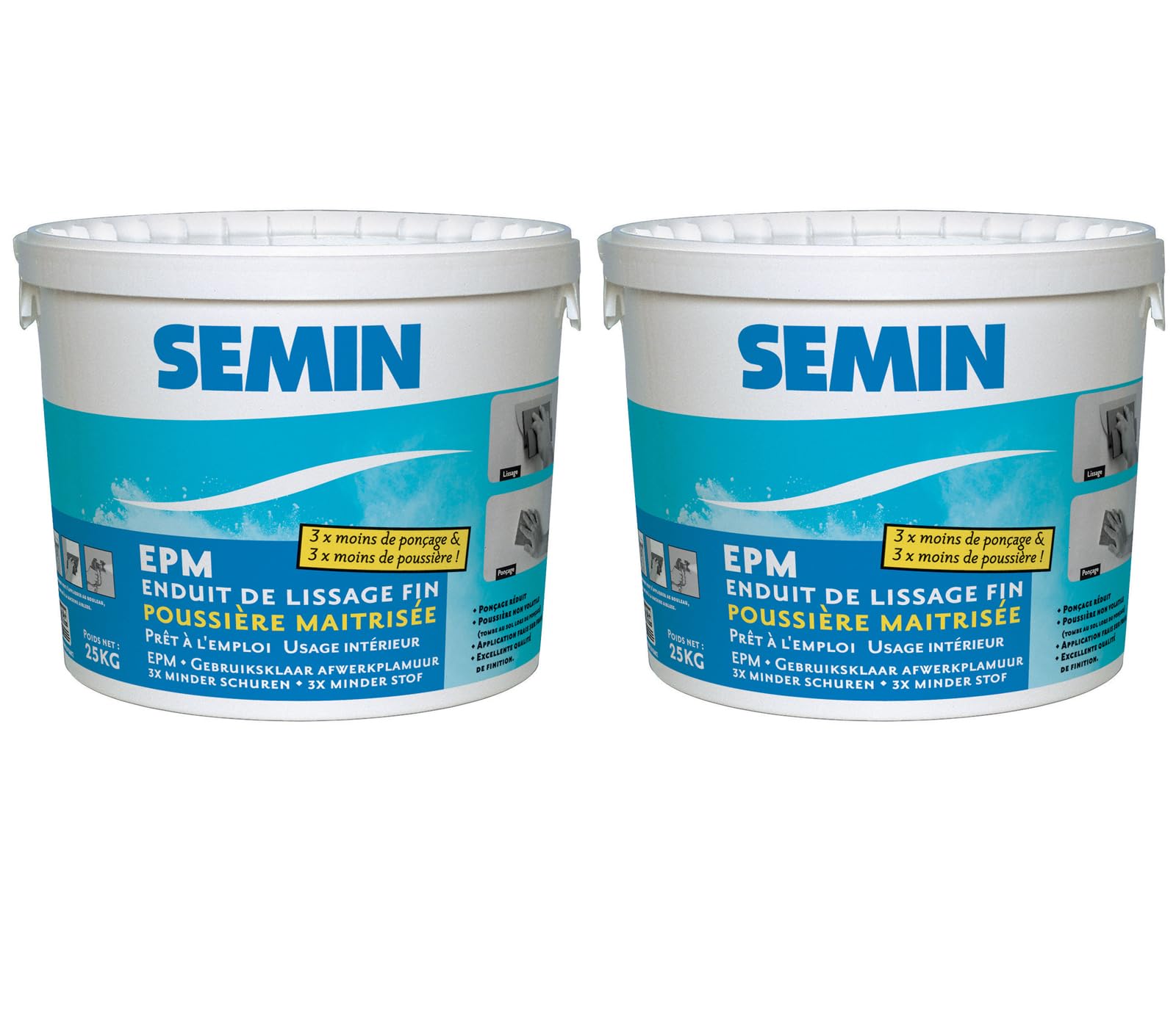 SEMIN Enduit de Lissage –2 X 10 kg Prêt à l'Emploi – Finition Murs et Plafonds Intérieurs – Poussière Maîtrisée – Ponçage Réduit – Excellente Qualité de Finition – Fabrication Française