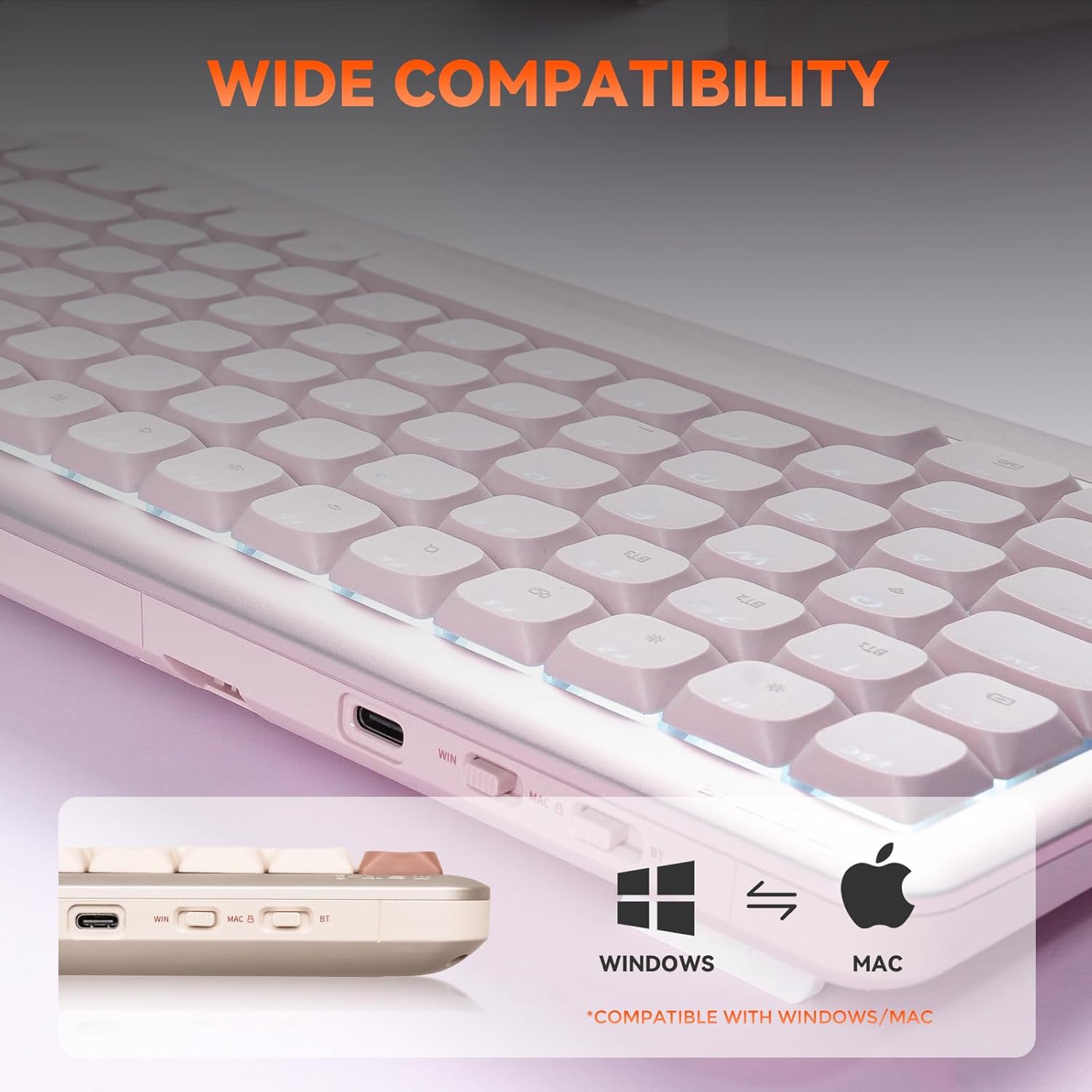 DAREU Low Profile Keyboard,84 Keys Mac Keyboard,Programmable Keys Keyboards, Hot Swappable Wireless Computer Keyboard RGB Backlit, Gasket Mounted, Support Bt / 2.4GHz / USB-C for Windows Mac (Pink)