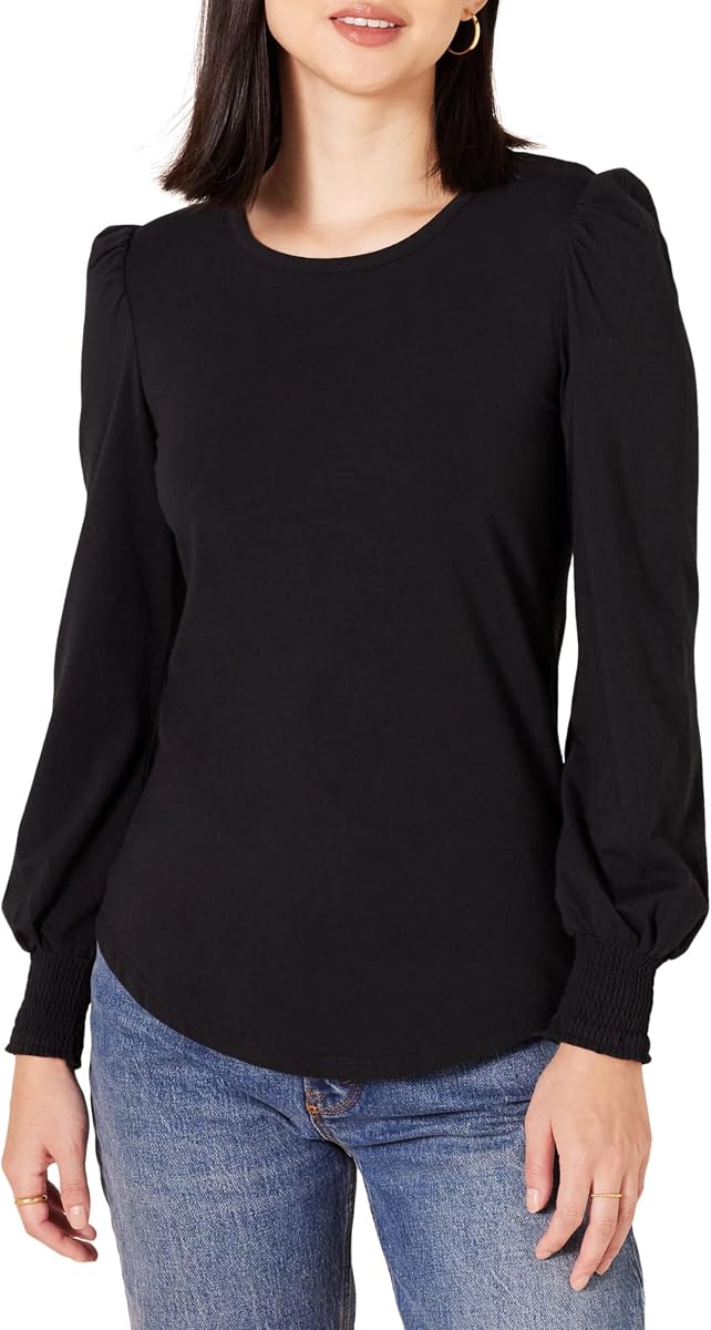 Women's Long-Sleeve Crewneck Smocked Cuff T-Shirt