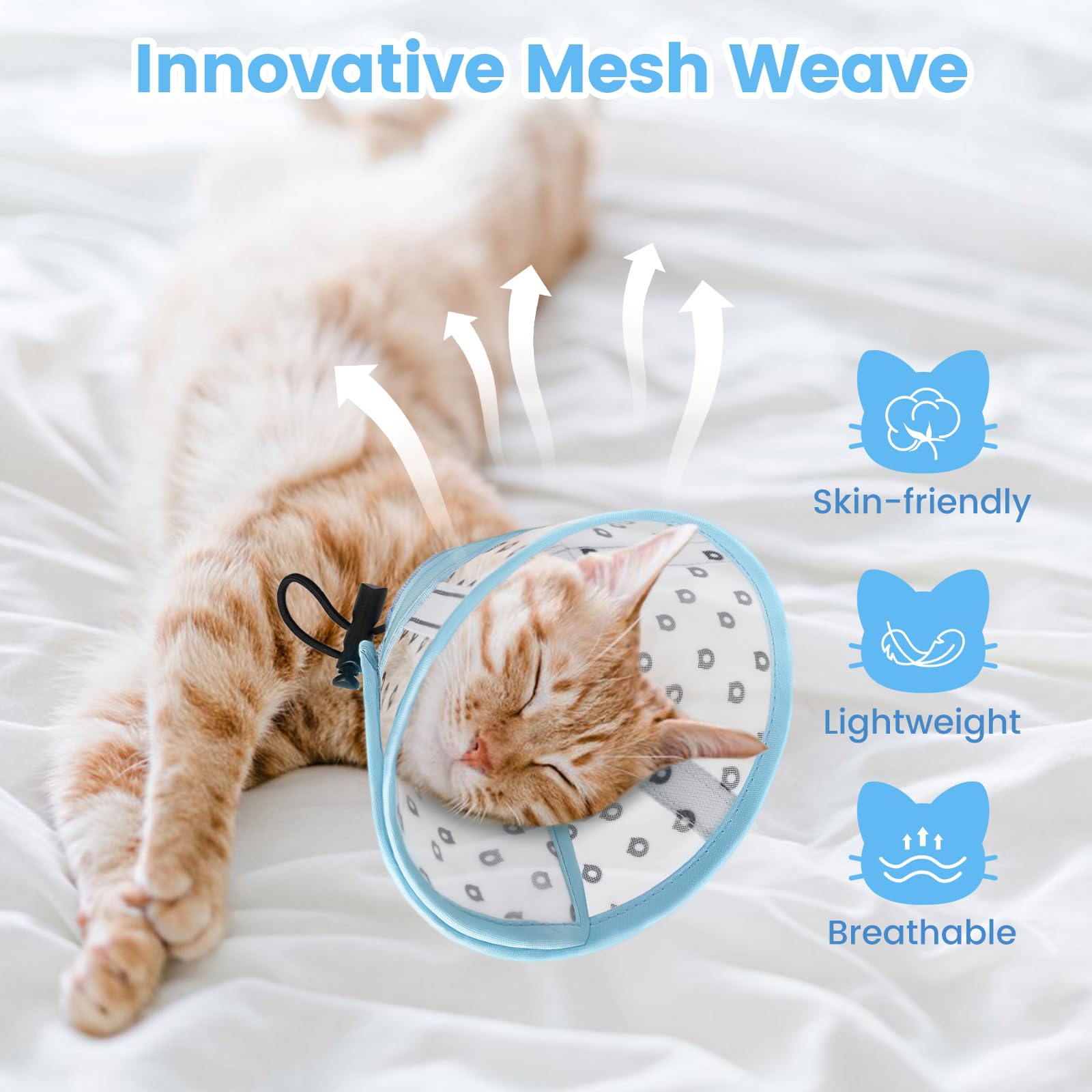 Collerette Chat Anti Léchage et Anti Grattage, Souple en Tissu Respirant, Ajustable, M, Maille Bleu