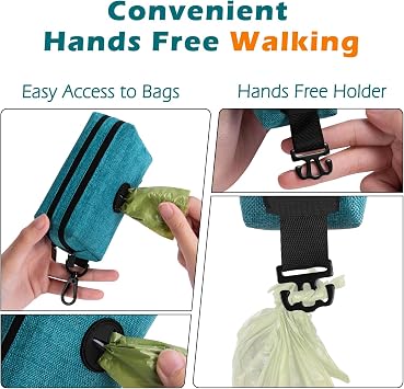 PetBonus Dog Poop Bag Holder, Portable Pet Waste Bag Dispenser, 2 Pouches for Treats and Walking Accessories, Fit All Leashes, Includes 1 Roll of Dog Poop Bags (Lagoon Blue)